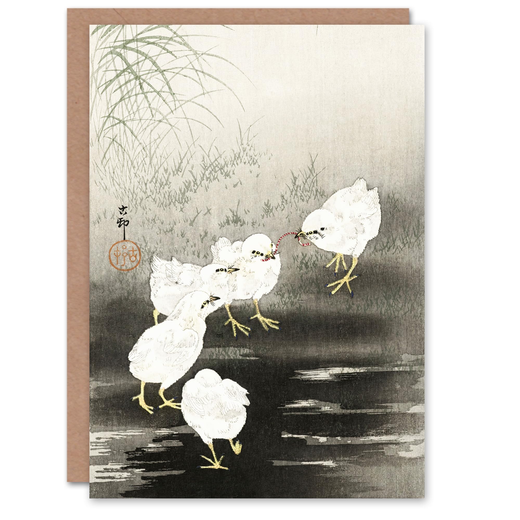 Artery8 Ohara Koson Japanese Art Card Chicks Eating Worms
