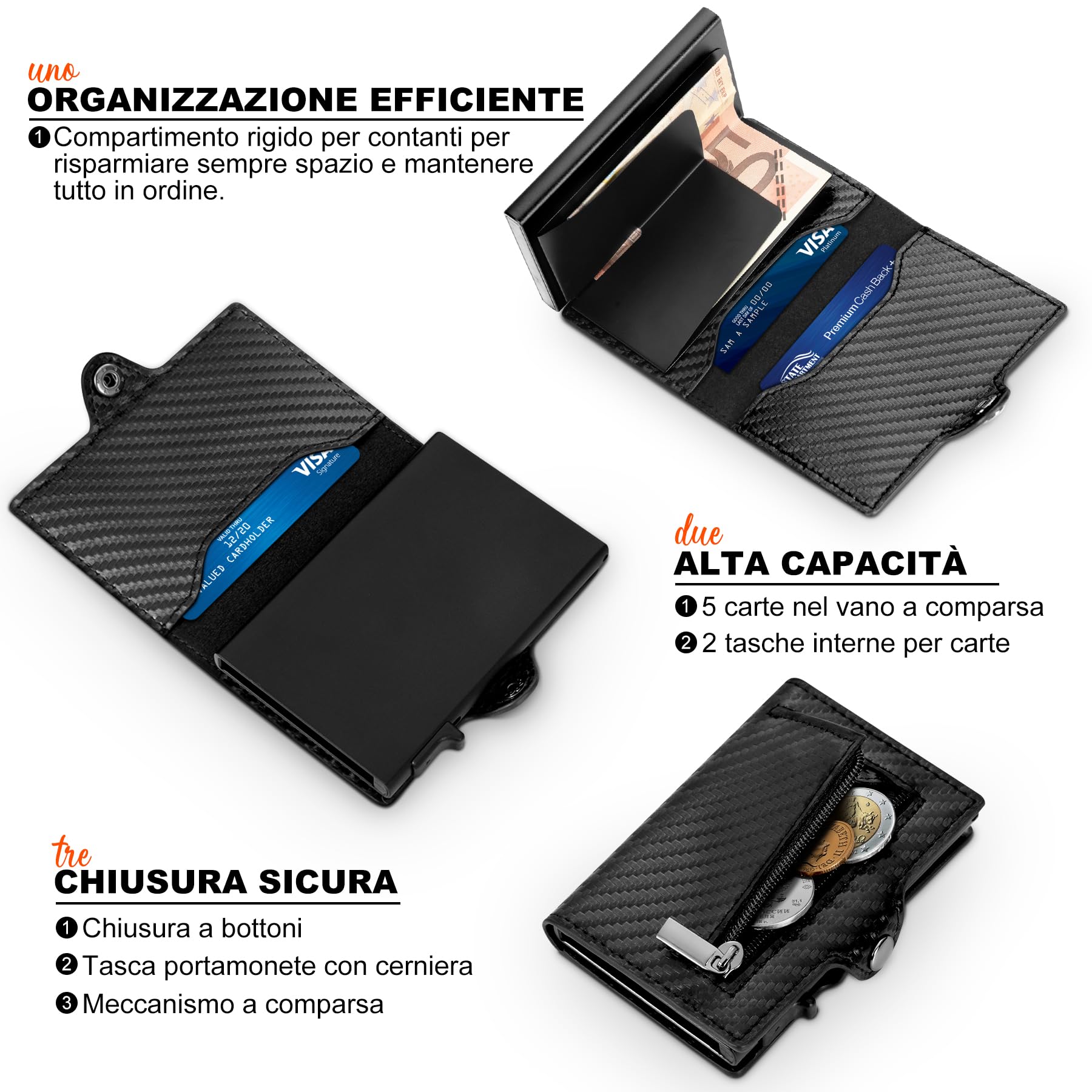 Tomylv Portafoglio Uomo RFID Blocking, Portafoglio Uomo Slim Pelle in Fibra di Carbonio con 7 Porta Carte di Credito Uomo, Tasca con Cerniera, Chiusura con Bottone, con Confezione Regalo - Nero
