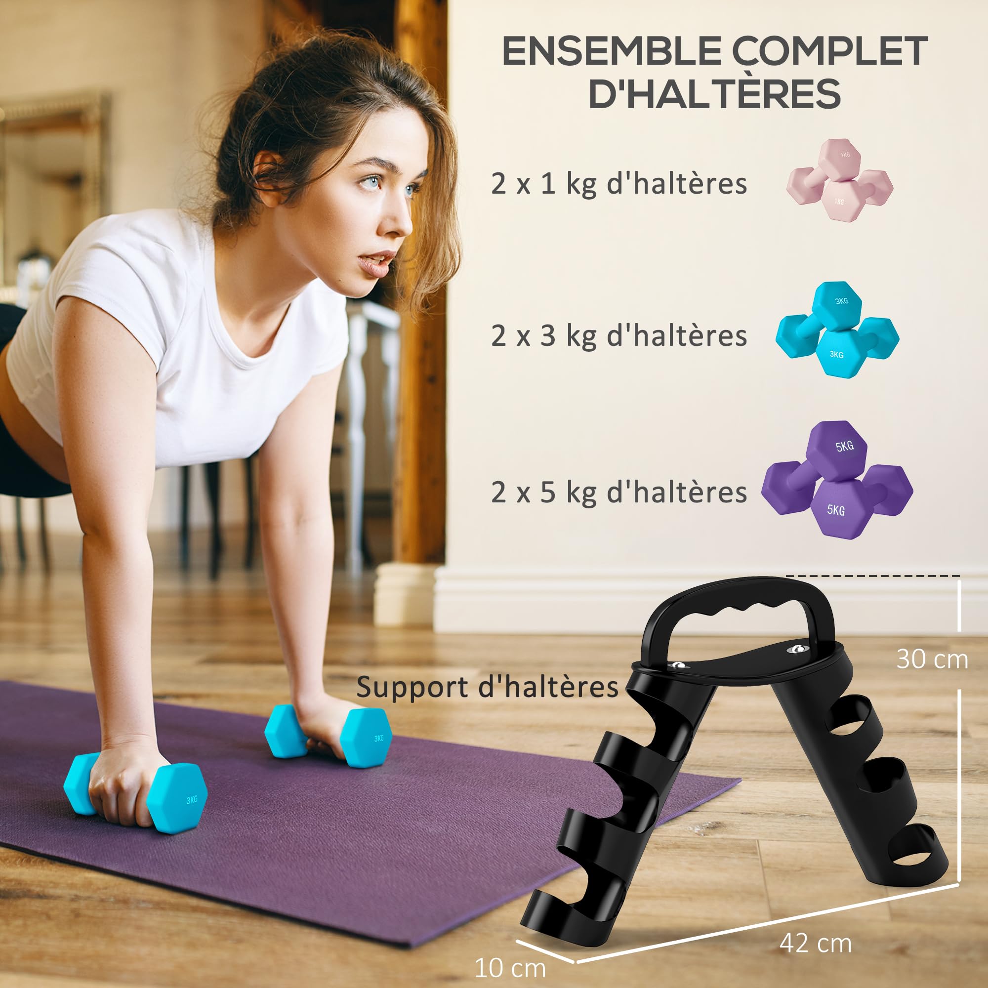 SPORTNOW Lot d'haltères hexagonaux, haltères musculation, avec support convertible d'haltères, pour entraînement à domicile, kettlebell, exercice d'haltérophilie