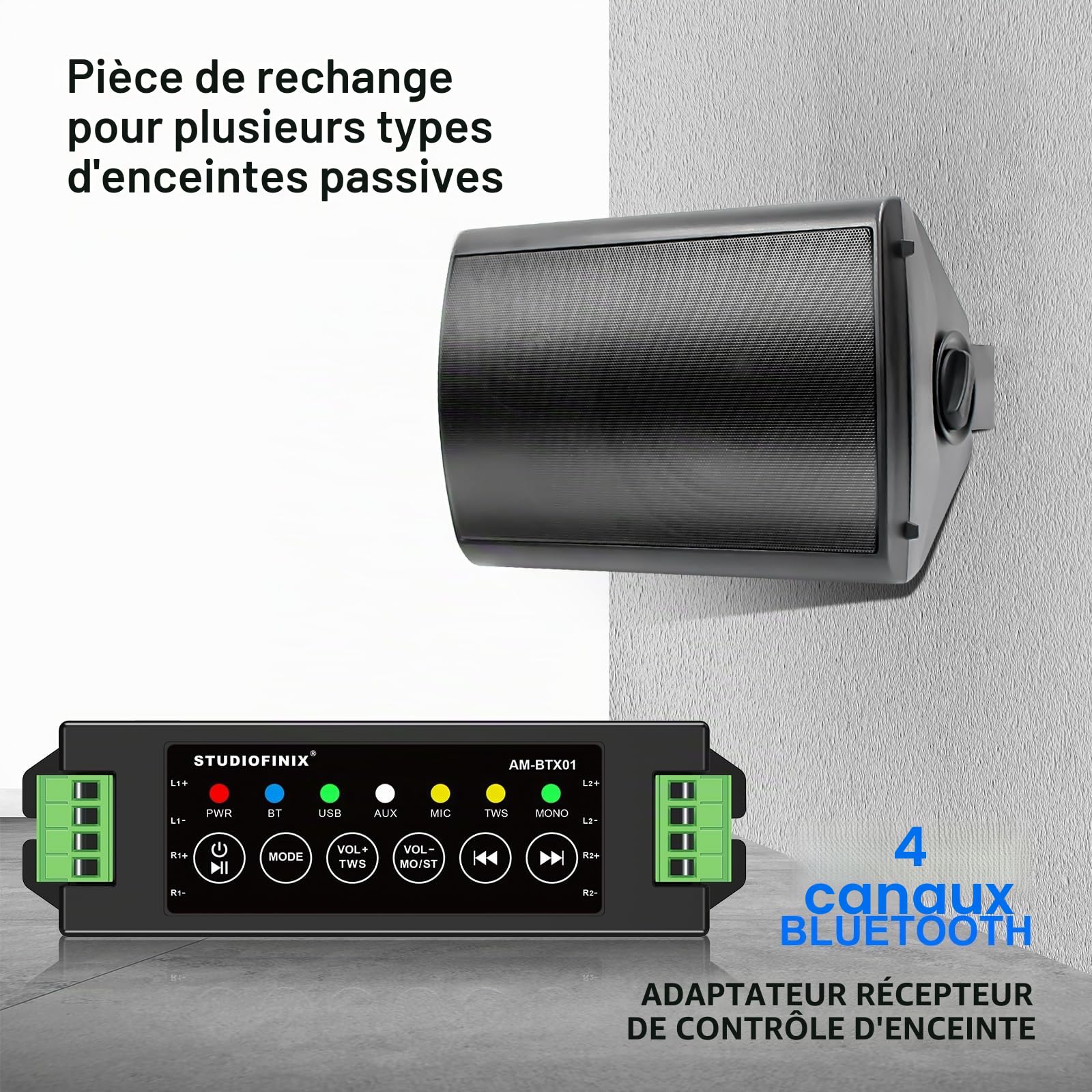STUODIOFINIX Mini amplificateur Bluetooth 4 canaux 120w pour Haut-parleurs passifs avec TWS, AUX, MIC, USB, pièce détachée, adapté aux Haut-parleurs muraux/Plafond/Marine/bibliothèque