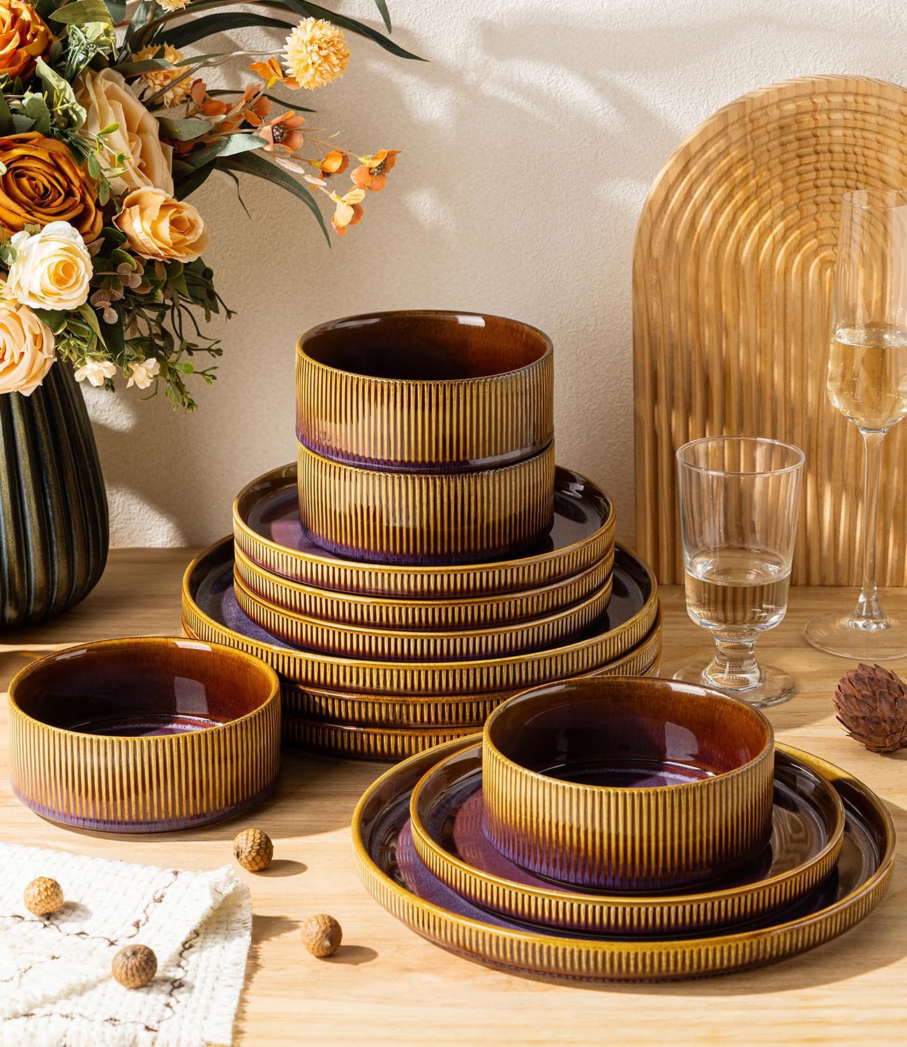 TheTerra Ceramic Dinnerware Sets for 4, 12 Pieces Porcelain Lightweight Plates and Bowls Sets, Scratch Resistant Dish Set, Oven & Microwave & Dishwasher Safe, Amber Amethyst