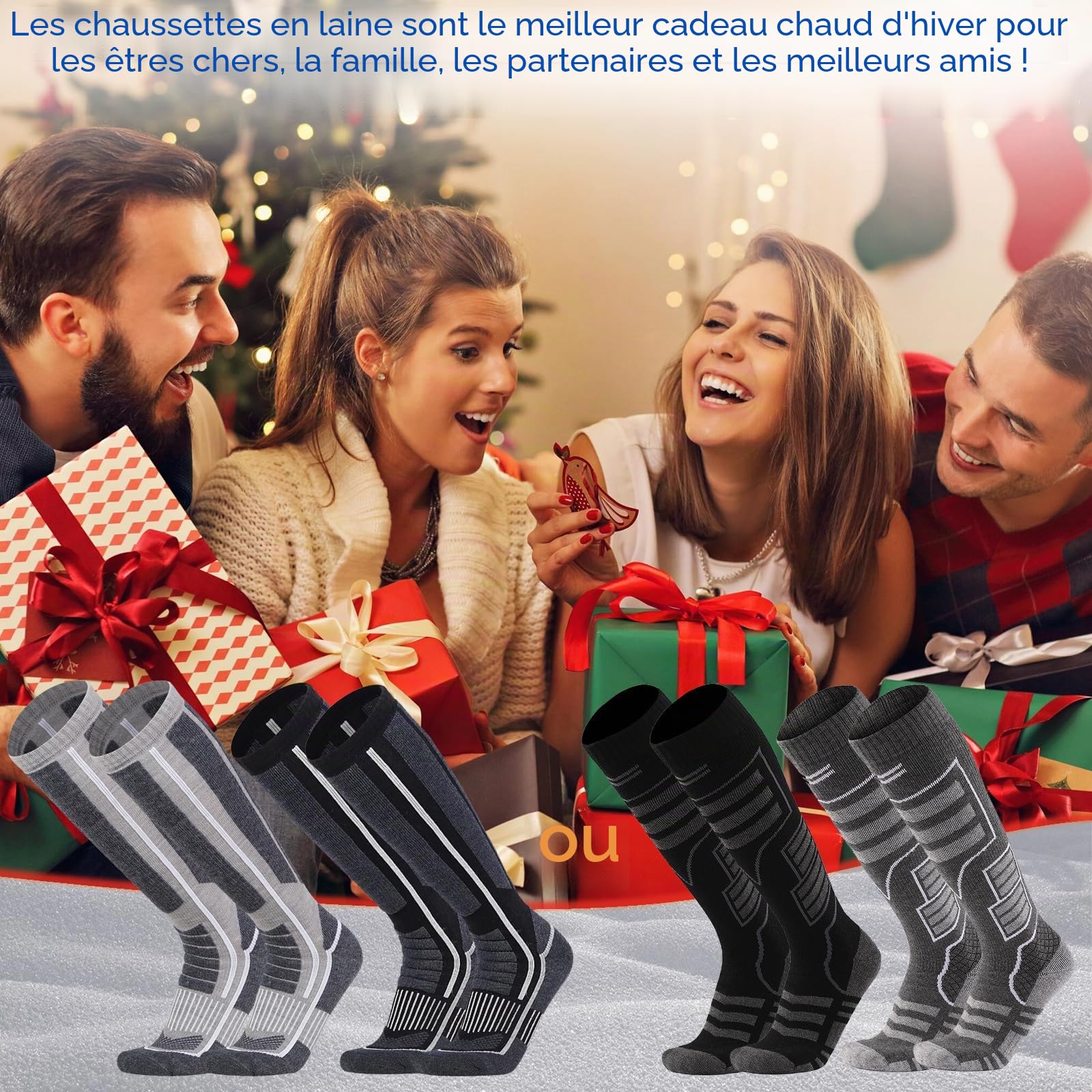 2 Paires Chaussettes de Ski Laine Mérinos Homme, 39-44 Chaussette thermique d'hiver