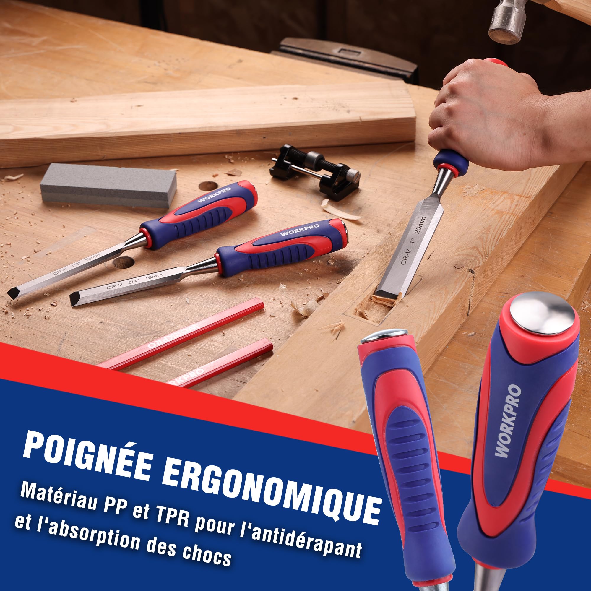 WORKPRO Jeu de 10 Ciseaux à Bois 6/13/19/25/32/38 mm avec Guide d’Affûtage, Pierre à Aiguiser et 2 Crayons, Coffret Ciseaux à Bois avec Manche Ergonomique pour Menuiserie, Sculpture, Travail du Bois