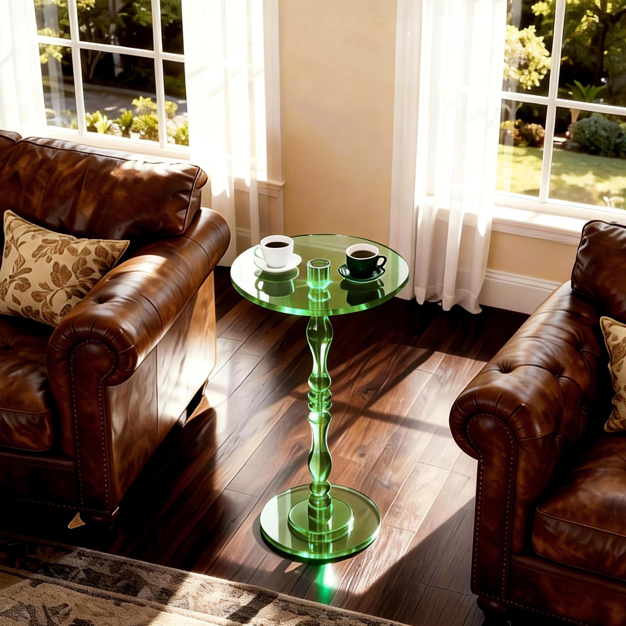 Tavolino da Salotto Rotondo in Acrilico, Piccolo Trasparente con Base Decorativa, 30 x 30 x 58 cm (Verde)