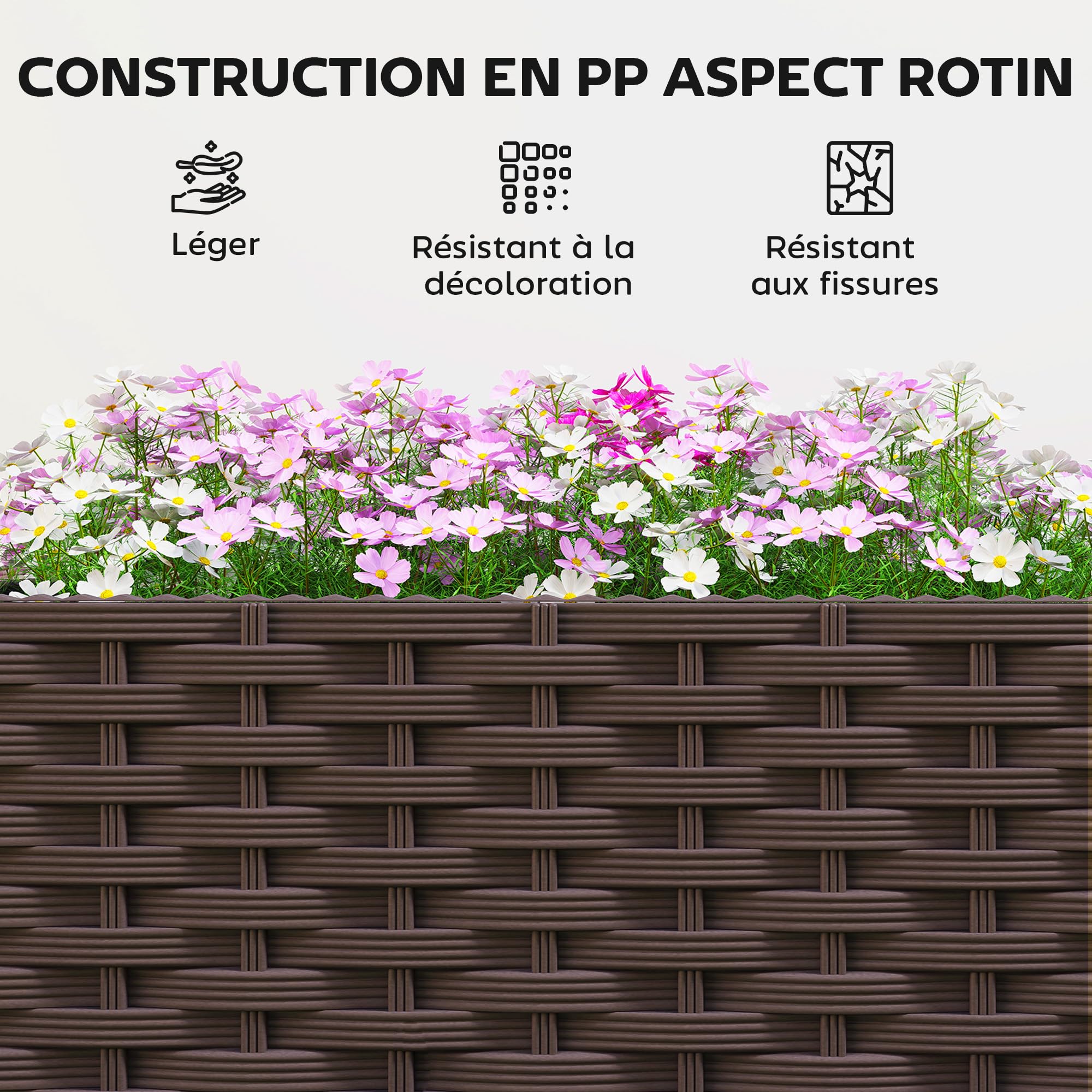 Outsunny Jardinière surélevée, lit de Jardin en Plastique, jardinières Auto-irrigantes avec Trous de Drainage et Bouchons, Montage Facile pour légumes, Fleurs, Herbes, 120 x 40 x 37 cm, Marron