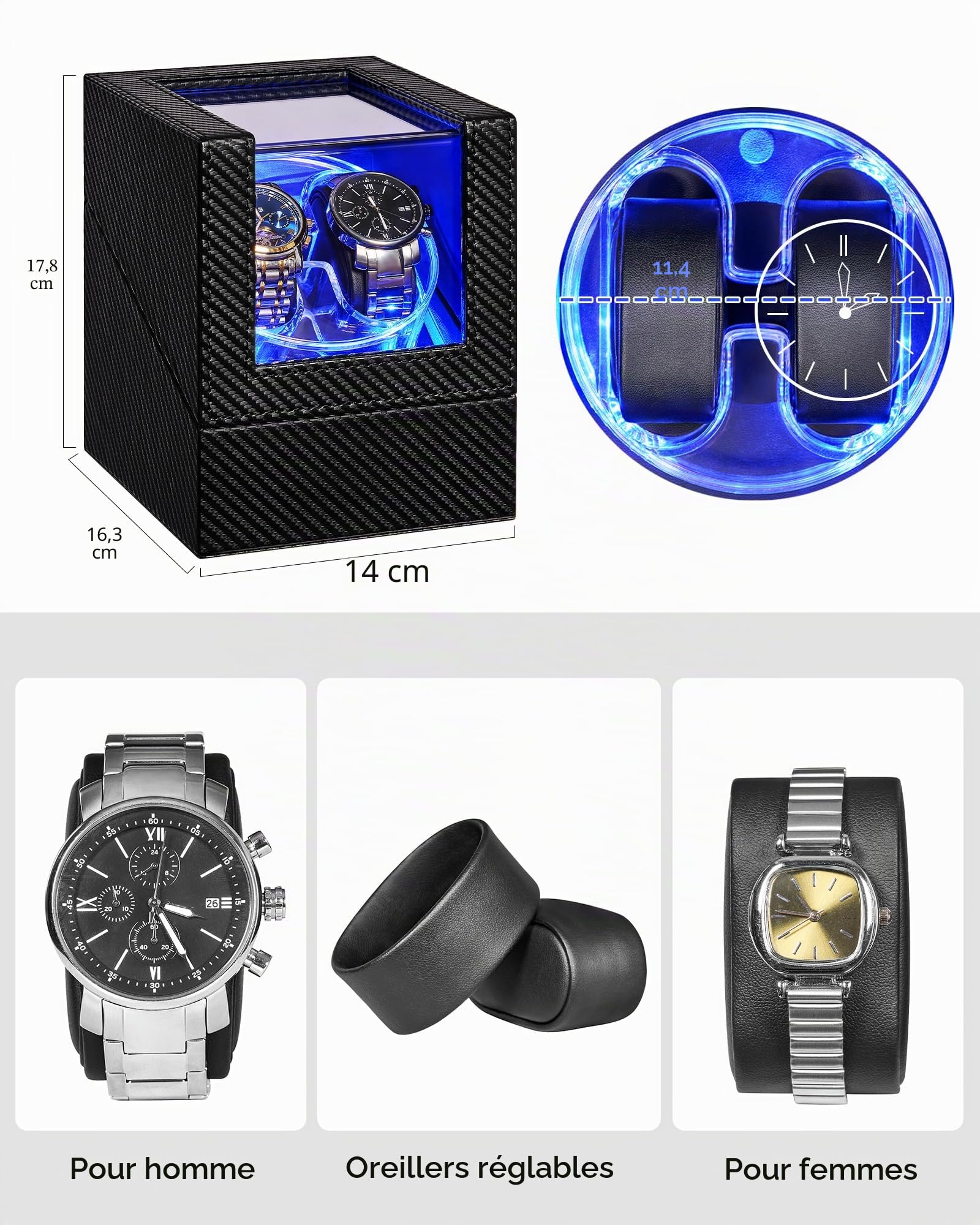 ANWBROAD Remontoir Pour Montres Automatiques, 4 Modes Boîte Double Remontoir Automatique Avec Design en Cristal LED, Boîtier Rotatif Avec Moteur Ultra Silencieux et Adaptateur Type-C JWW007C