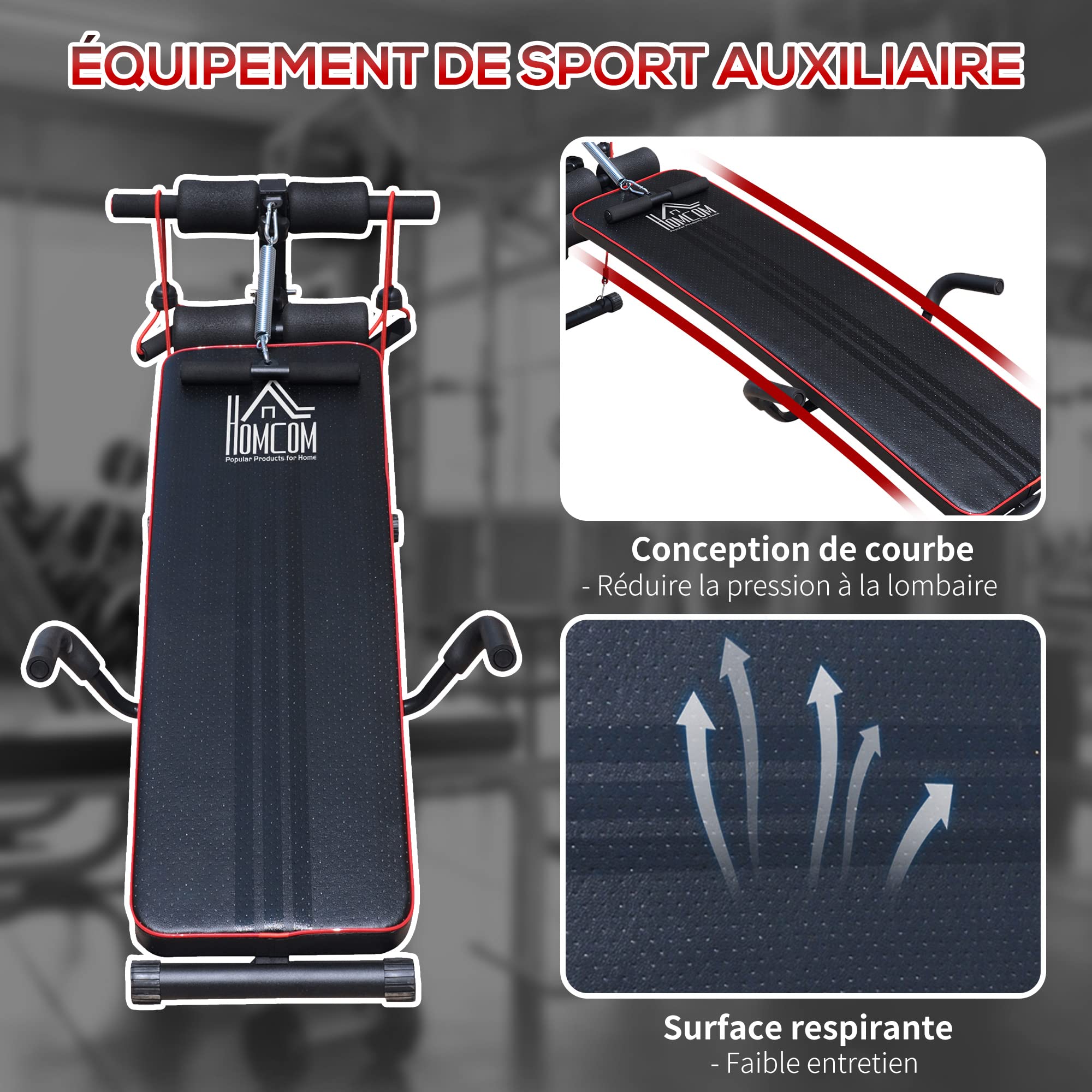 HOMCOM Banc de musculation appareil à abdo hauteur réglable 137,5L x 55,5l x 50-68H cm 2 bandes de résistances + ressort central traction acier noir rouge
