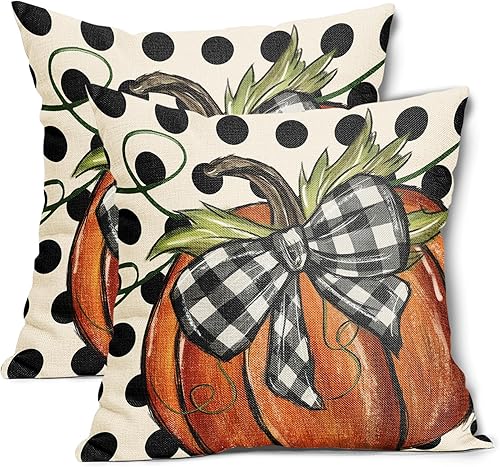 Juego de 2 fundas de almohada de calabaza con lunares de otoño de 16 x 16 pulgadas, fundas de almohada de cosecha otoñal de Acción de Gracias, color