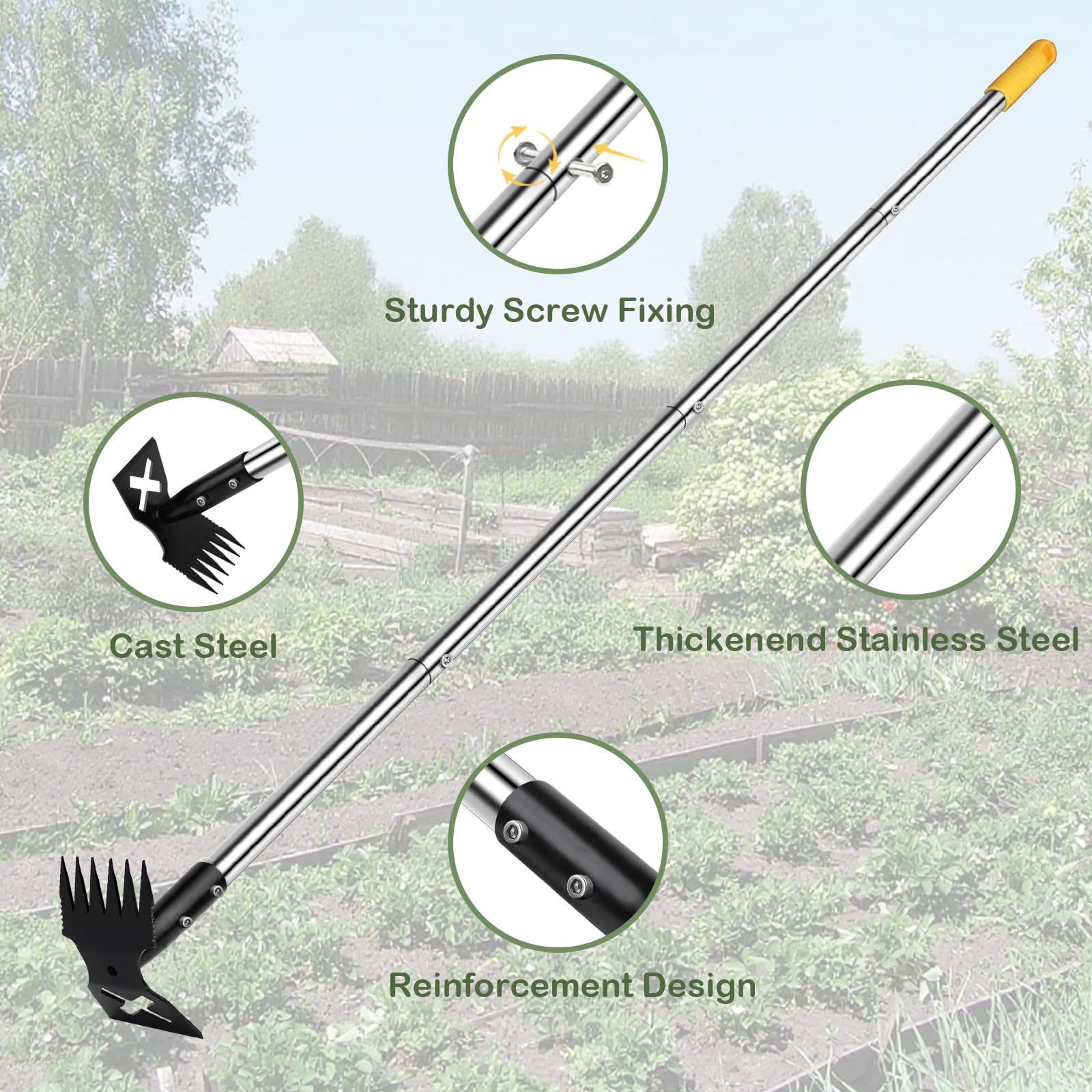 NICOFPHY Herramienta extractora de malezas con mango largo, herramientas manuales de 60 pulgadas para jardinería, rastrillo de malezas de mano 2 en 1 y herramienta de desbrozador de jardín