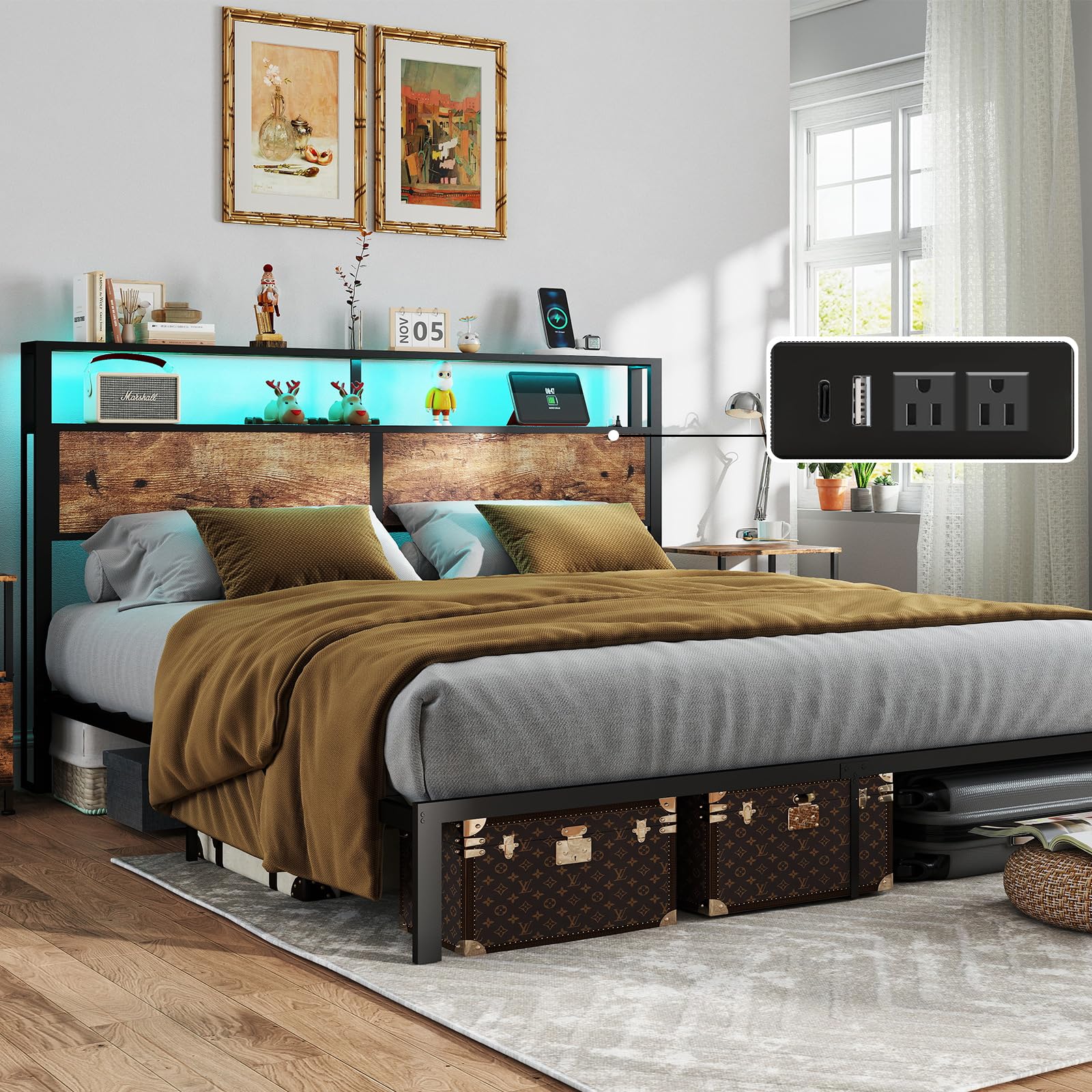 King Size Bed Frame with Headboard, Metal Platform Bed Frame with LED Lights & Charging Station, Under Bed Storage, Solid and Stable, No Box Spring