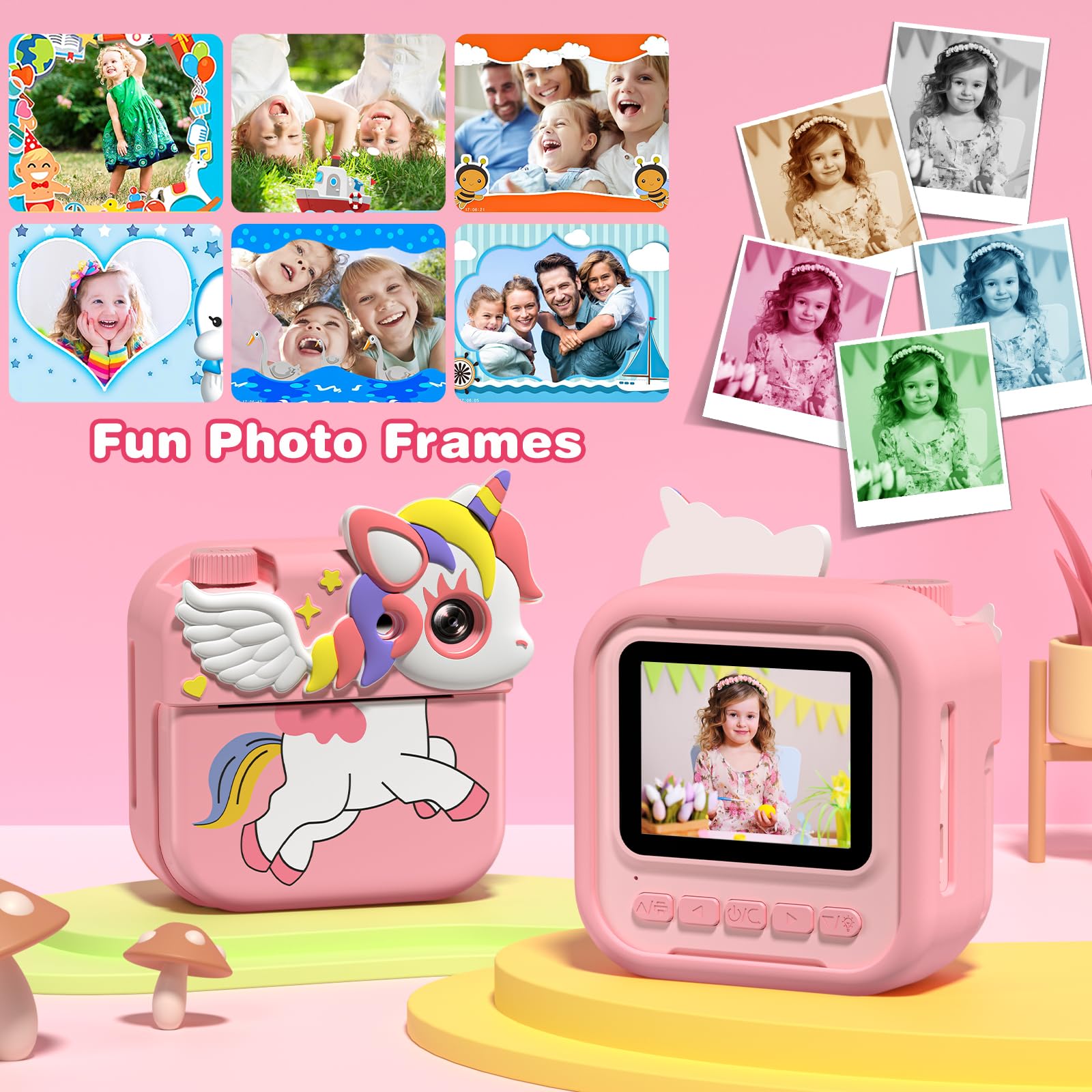 Macchina Fotografica Bambini Istantanea,Hangrui 12MP/1080P HD Fotocamera Bambini con Carta da Stampa e 32G,Fotocamera Digitale Stampa Istantanea, Regalo per Ragazze Ragazzi dai 3-12 Anni-Rosa Chiaro