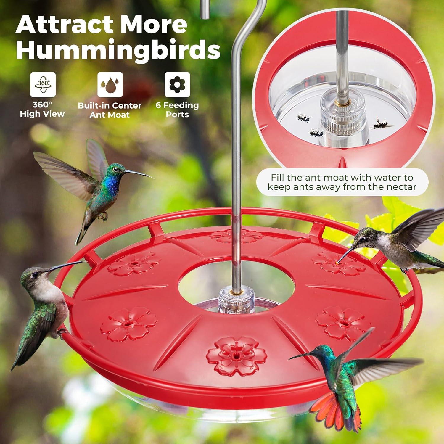 Kingsyard 16 OZ Hummingbird Feeders for Outdoors Hanging, 6 Bee Proof Feeding Ports Humming Nectar Bird Feeder, Ant Moat Easy to Refill & Clean Leak-Proof, Garden Décor Gifts for Women Mom - Image 2
