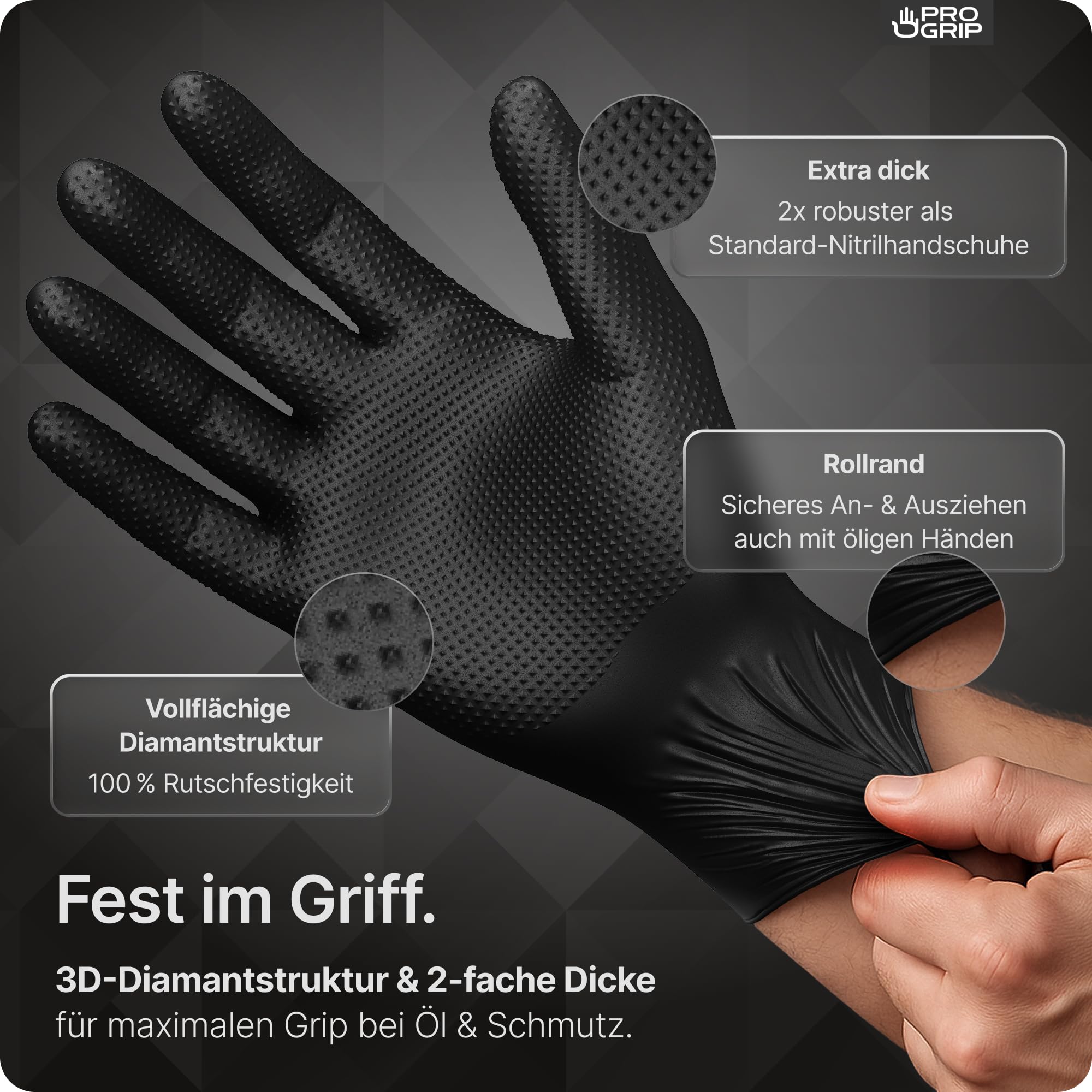 50x PROGRIP Einweghandschuhe Diamant Grip Schwarz, Nitrilhandschuhe L | Einmalhandschuhe Extra Stark, Handschuhe Einweg griffig, latexfreie Arbeitshandschuhe für Werkstatt & Montage M, L, XL, XXL