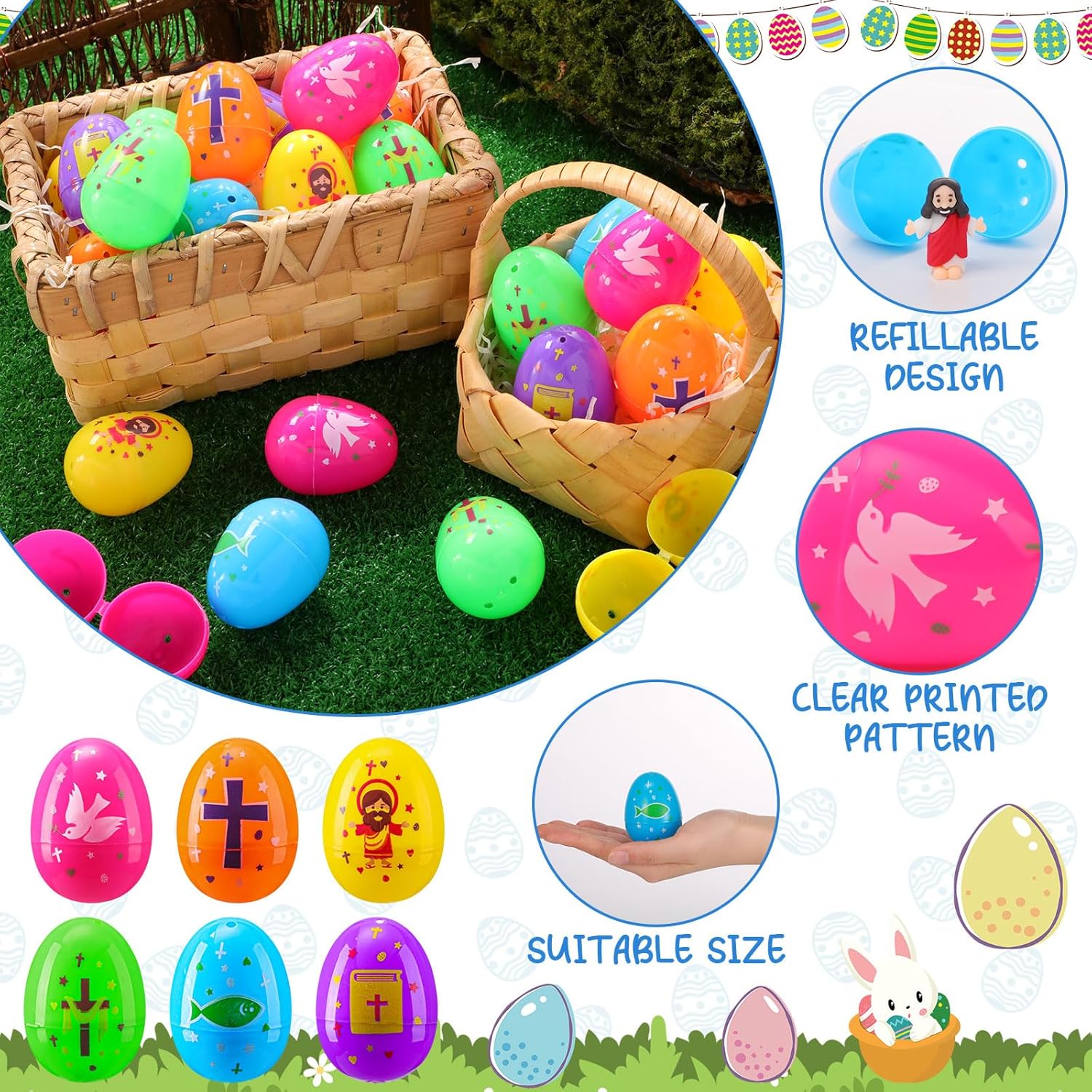 Barydat 60 Pcs Religious Fillable Eggs Bulk for Easter Party 2.36 Inch Bright Plastic Empty Eggs for Hunt Jesus Printed with Cross Jesus Love You for Easter Sunday Celebrate Party Favors