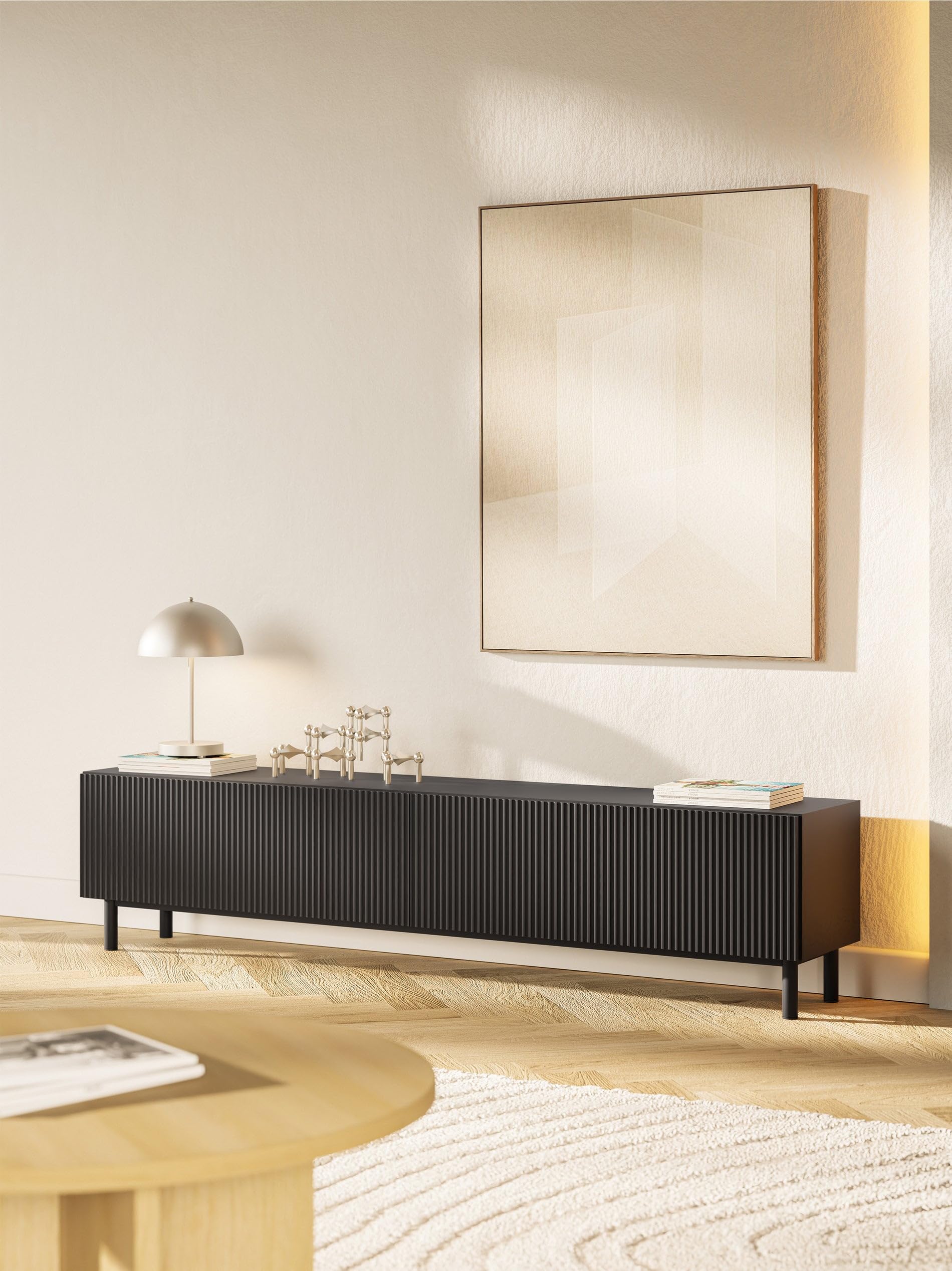 Selsey TV Schrank Mit Gefräster Front, 175 cm, Schwarz – Elegantes TV Board Für Wohnwand Wohnzimmer, Moderner Look Mit Metallfüßen, Praktische Staufächer, Selbstmontage