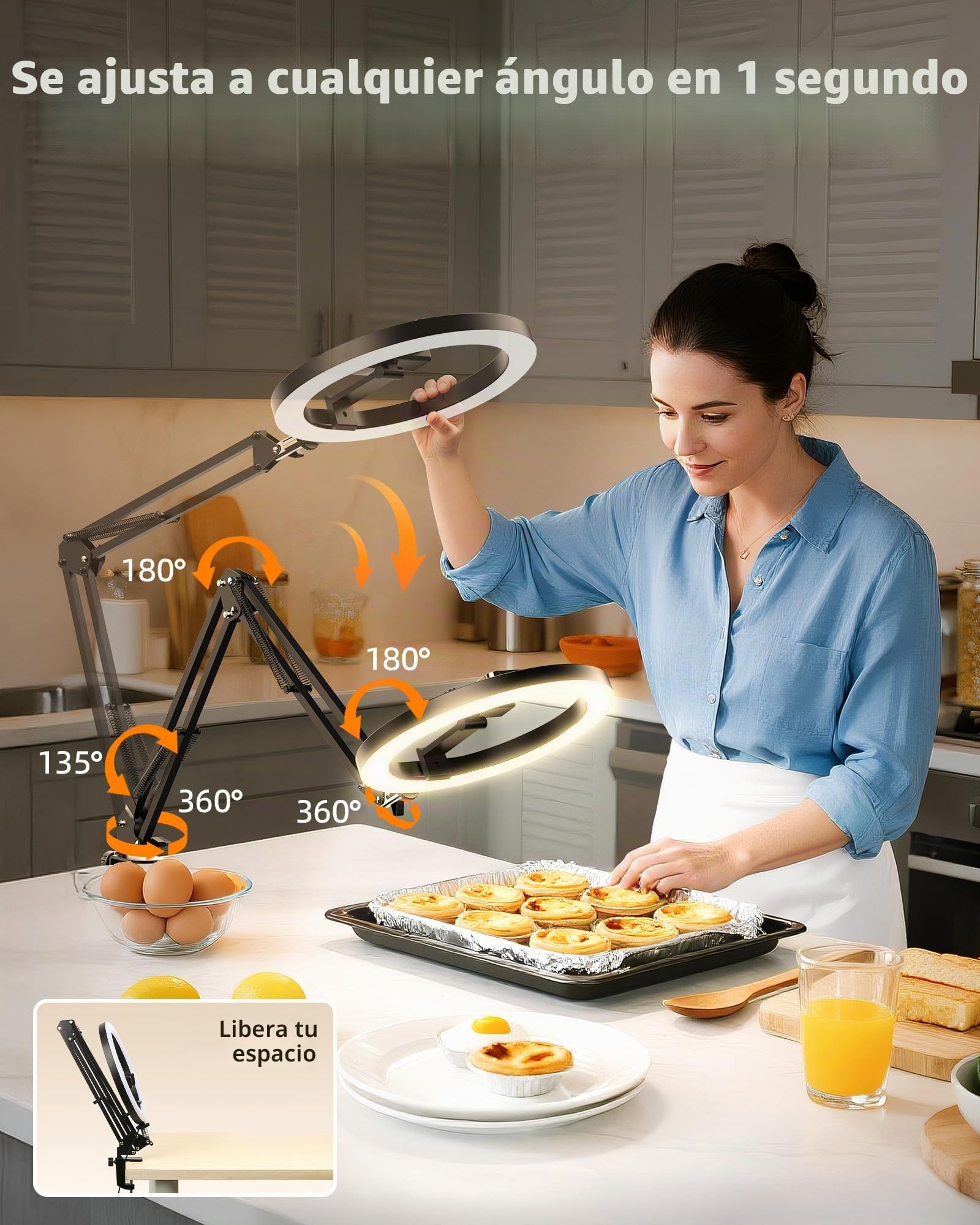 LUXSURE Aro de Luz con Tripode, Ring Light con Función Bluetooth, 10'' Anillo de Luz Aro de Luz con Brazo de Soporte Resistente y Soporte para Teléfono para Grabar Videos, Cocina, Transmisión en Vivo