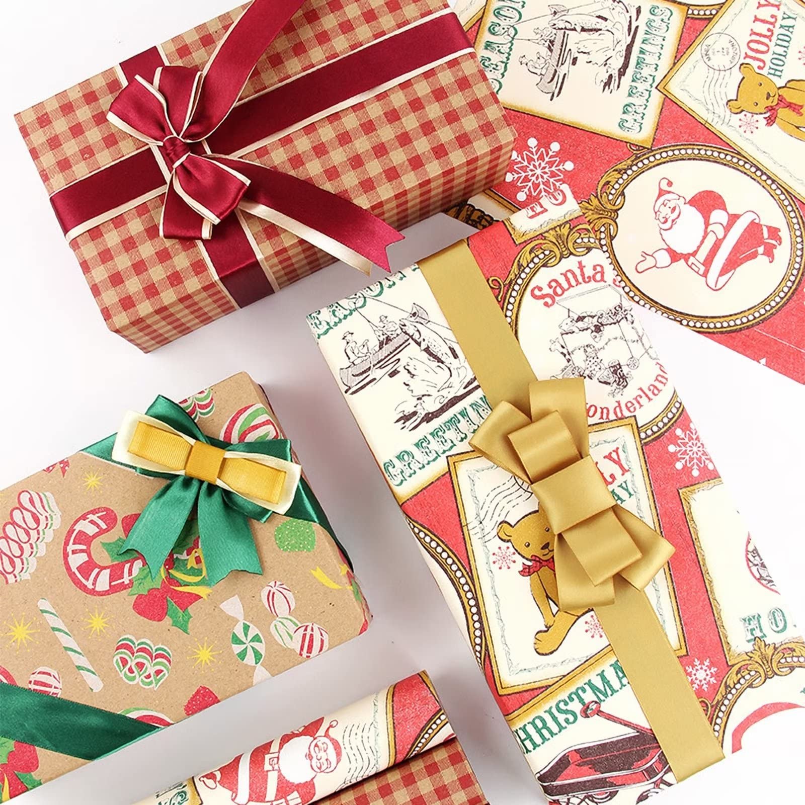 12 Rollen Geschenkpapier, Kraftpapier Weihnachten Süßigkeiten Büffel Spielen Weihnachtsmann Geschenkpapier mit Schnur, Aufkleber für Geburtstag, Babyparty, Urlaub, Party, 19,7 x 27,6 Pro Rolle, Rot