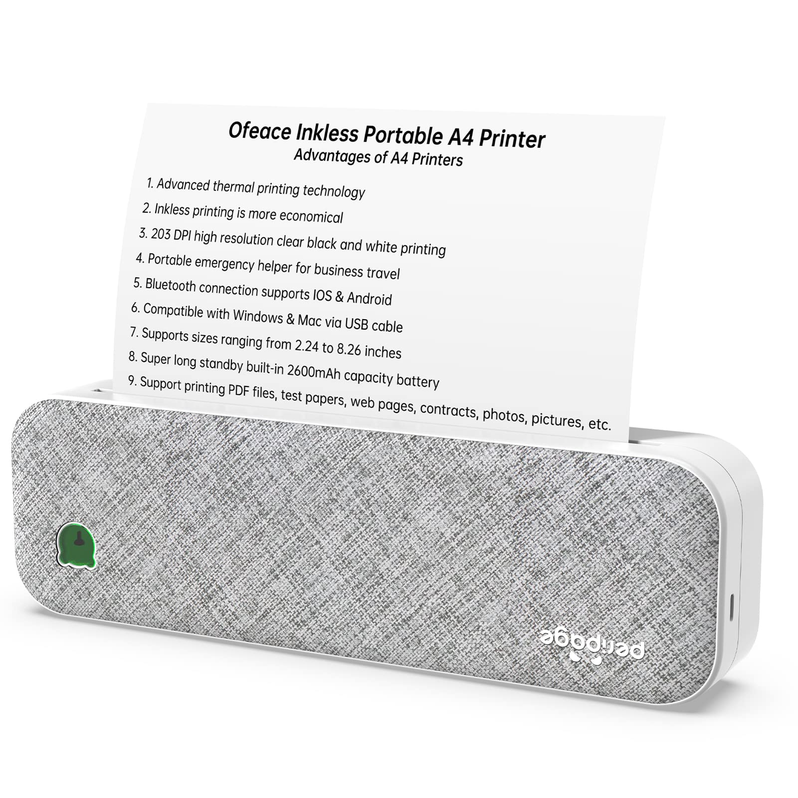 Ofeace Portable Printer Wireless for Travel, Bluetooth Thermal Printer, Support 8.5x11 & A4 Thermal Paper, Compatible with Android and iOS Phone & Laptop, Mobile Inkless Printer