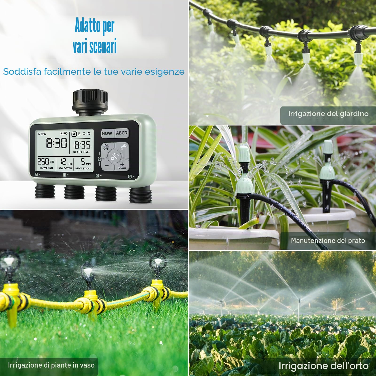 CROSOFMI 4 Vie Timer Irrigazione Automatica Digitale Centralina Irrigazione Temporizzatore Programmatore Irrigazione Giardino /IPX5 Impermeabile/Ritardo Pioggia/Modalità di Irrigazione Manuale