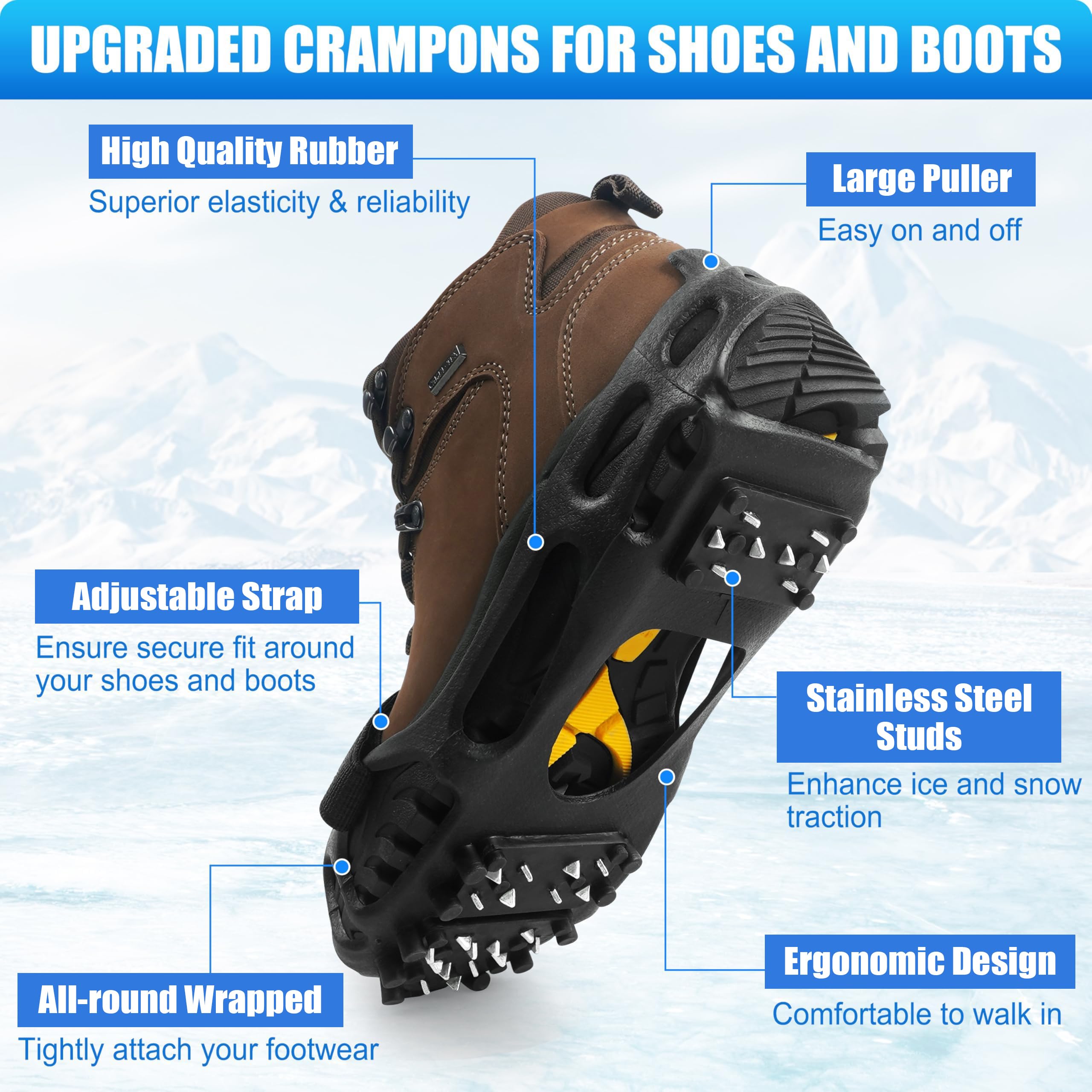 Tacchetti da ghiaccio per scarpe e stivali, antiscivolo, 28 tacchetti da neve, ramponi per donne e uomini, tacchetti da ghiaccio e neve con cinghie regolabili, per escursioni invernali, passeggiate