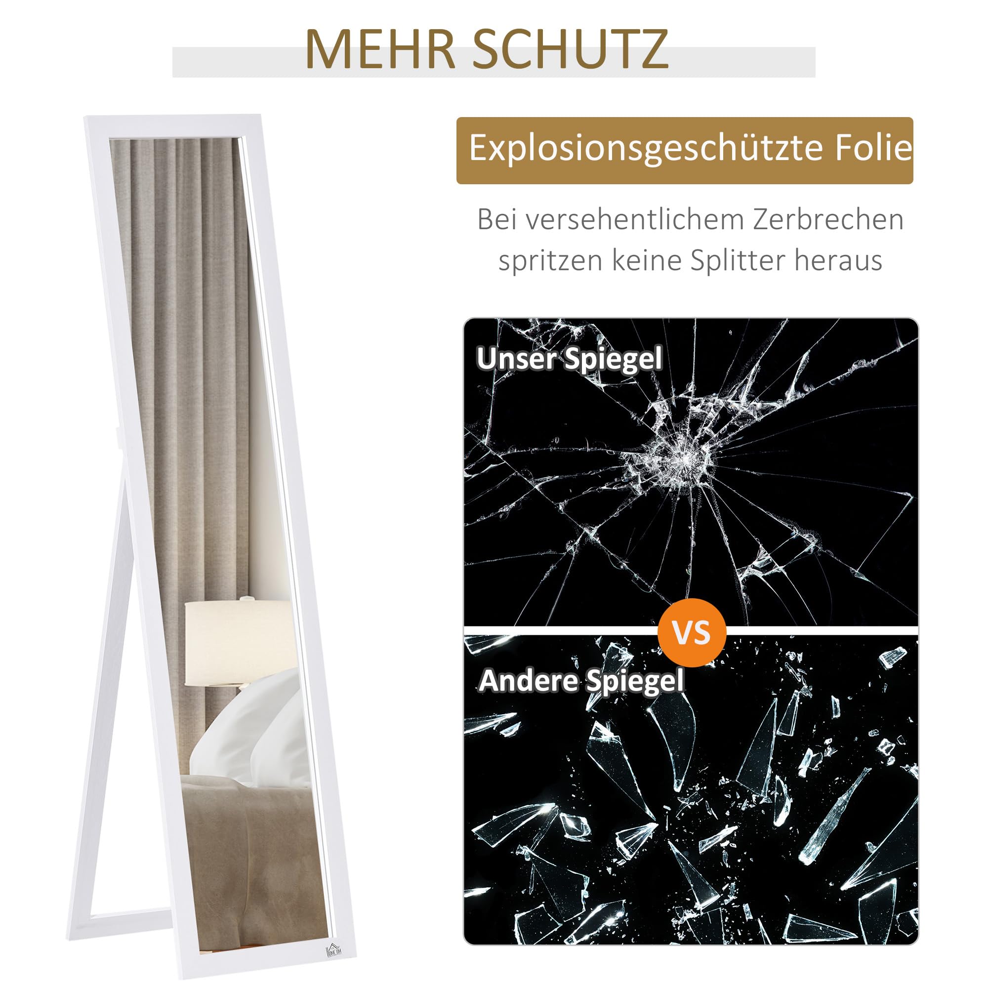 HOMCOM Ganzkörperspiegel, 154 x 37 cm Wandspiegel mit Ständer, Standspiegel für Wohnzimmer, Schlafzimmer, Weiß