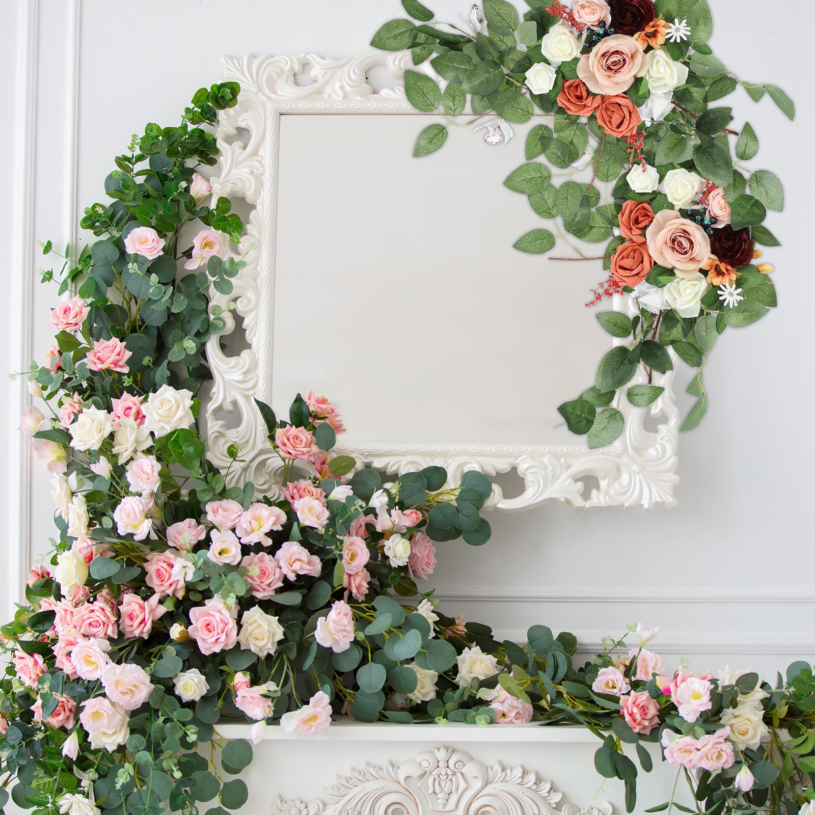 PATIKIL Arco de Bodas Flores, 2Pcs Flores Artificiales de Seda Falsa Guirnalda de Flores con Hojas Y Banda de Clip para Decoración de Recepción de Ceremonia de Cartel, Blanco
