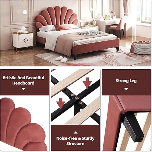 Miniatura 4 de DEINPPA Base de cama tapizada tamaño matrimonial con cabecera ajustable de flores elegantes, cama de plataforma de terciopelo con soporte de Bean