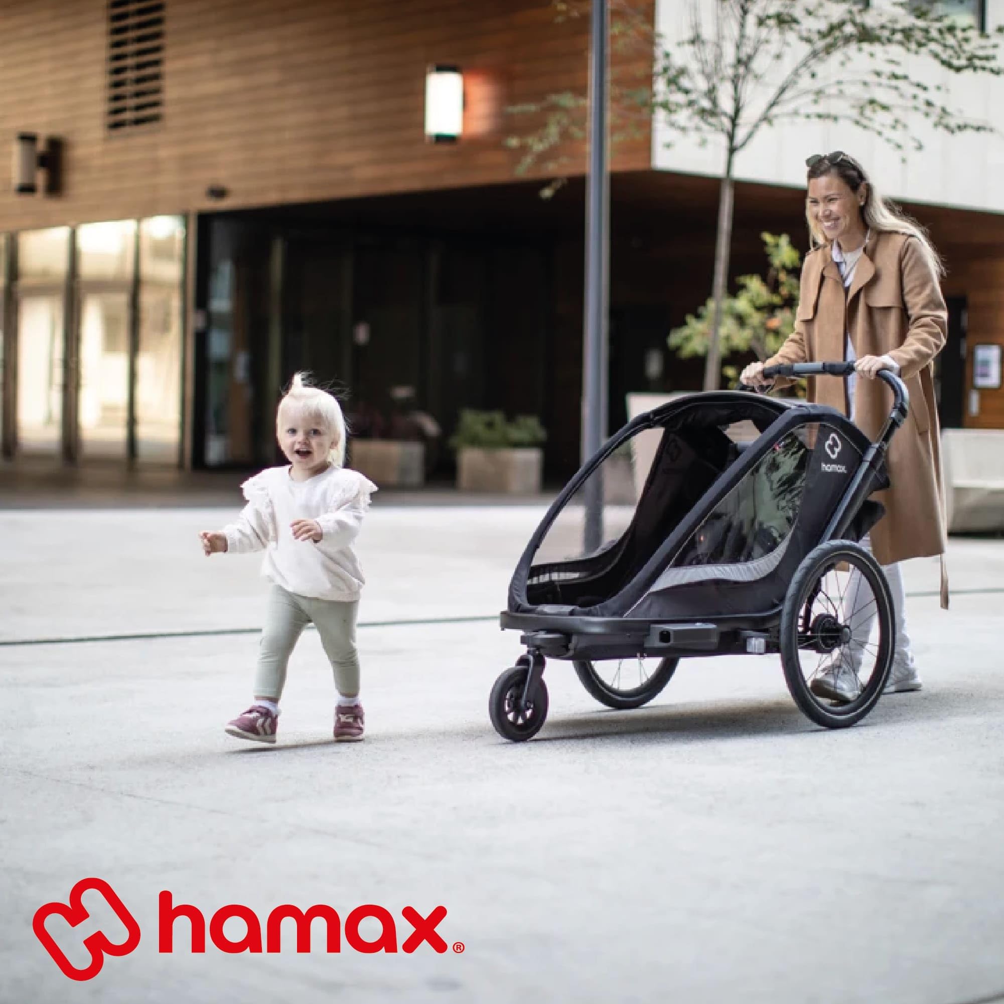 Hamax - Remorque Cocoon 2 Places - Sièges Inclinables - Grandes Fenêtres - Fixation Vélo ou Poussette - Cadre Aluminium Léger - Guidon Cuir Vegan - Suspension Ajustable