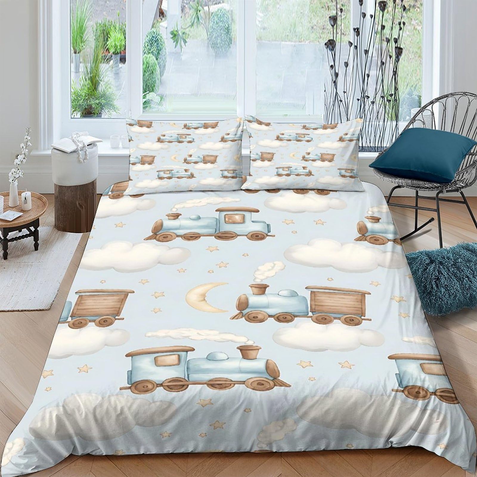 Ctjqhvkz Style-5 3D Printed Blue Cartoon Train Fitted Sheet Microfiber Soft Clouds Bed Sheet For Bedroom Dorm Mattress Decor Single（135X200cm）