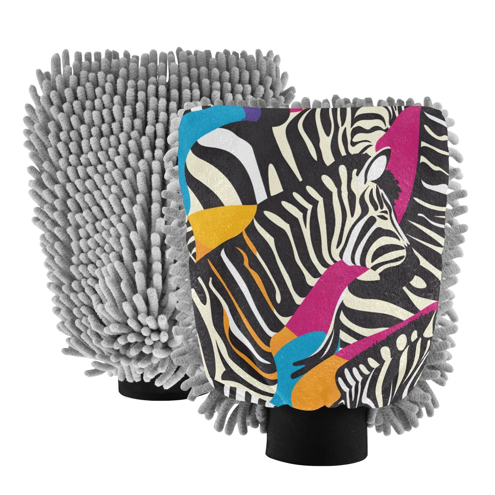 IOACIY Absorbent Microfiber Car Wash Drying Mitts, 2 Pack, Scratch-Free & Lint-Free, Rich Foam, Highly Absorbent, Double Sided, Wash Mitt Perfect for Car Washing, M, Zebra (1)