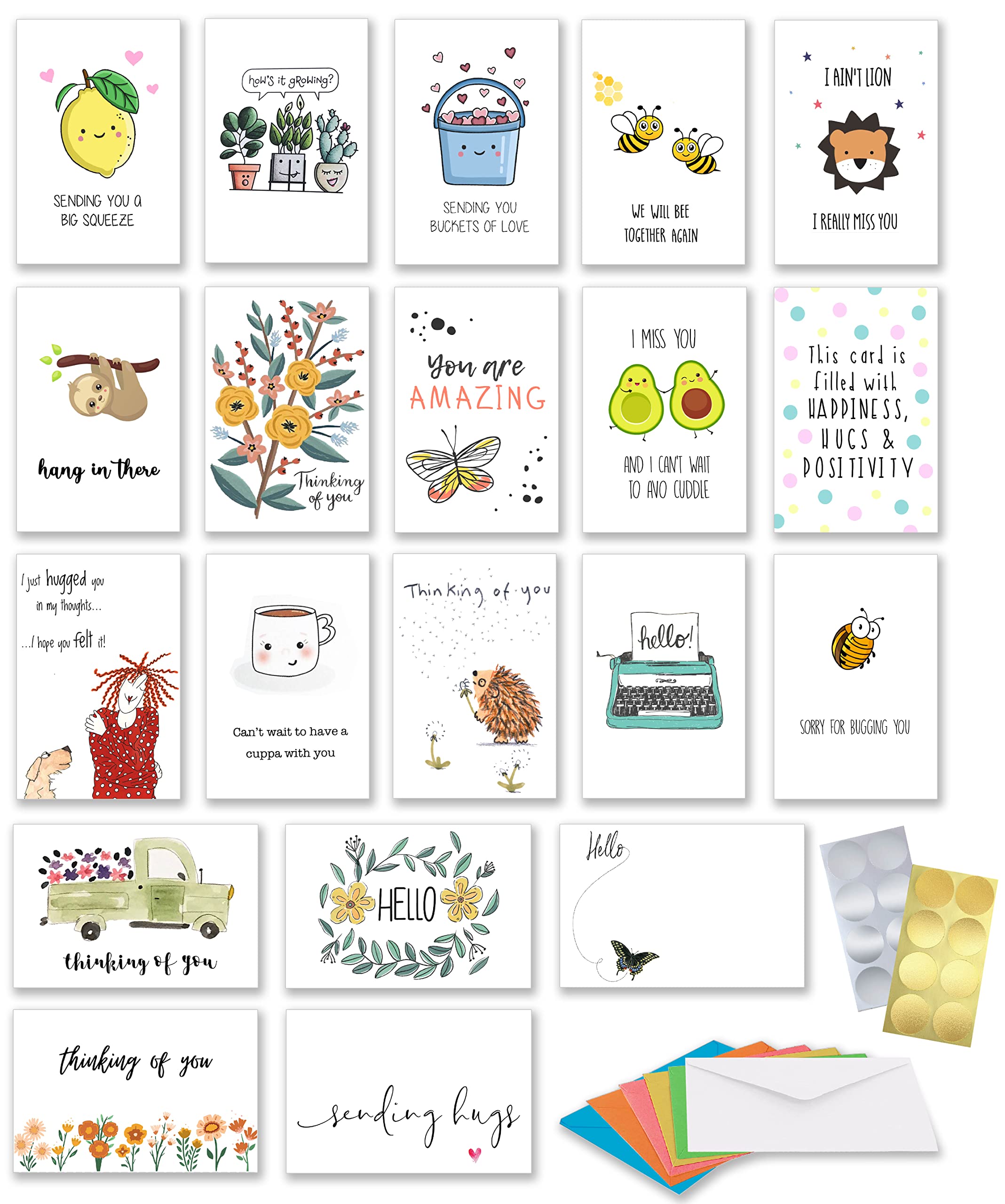 Thinking of You Cards with Greetings Inside. Set of 20 Unique Designs for All Occasions with Assorted Color Envelopes, Gold and Silver Stickers to