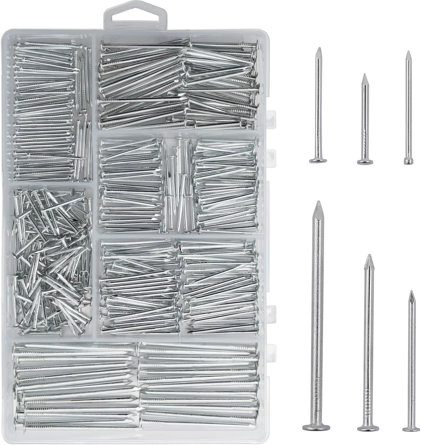 376pcs Premium Hardware Nails Assortment Kit, Maximum Length 2 Inches Galvanized, Picture Hanging, Wood, Wall With Storage Box | 6 Sizes 376pcs Galvanized