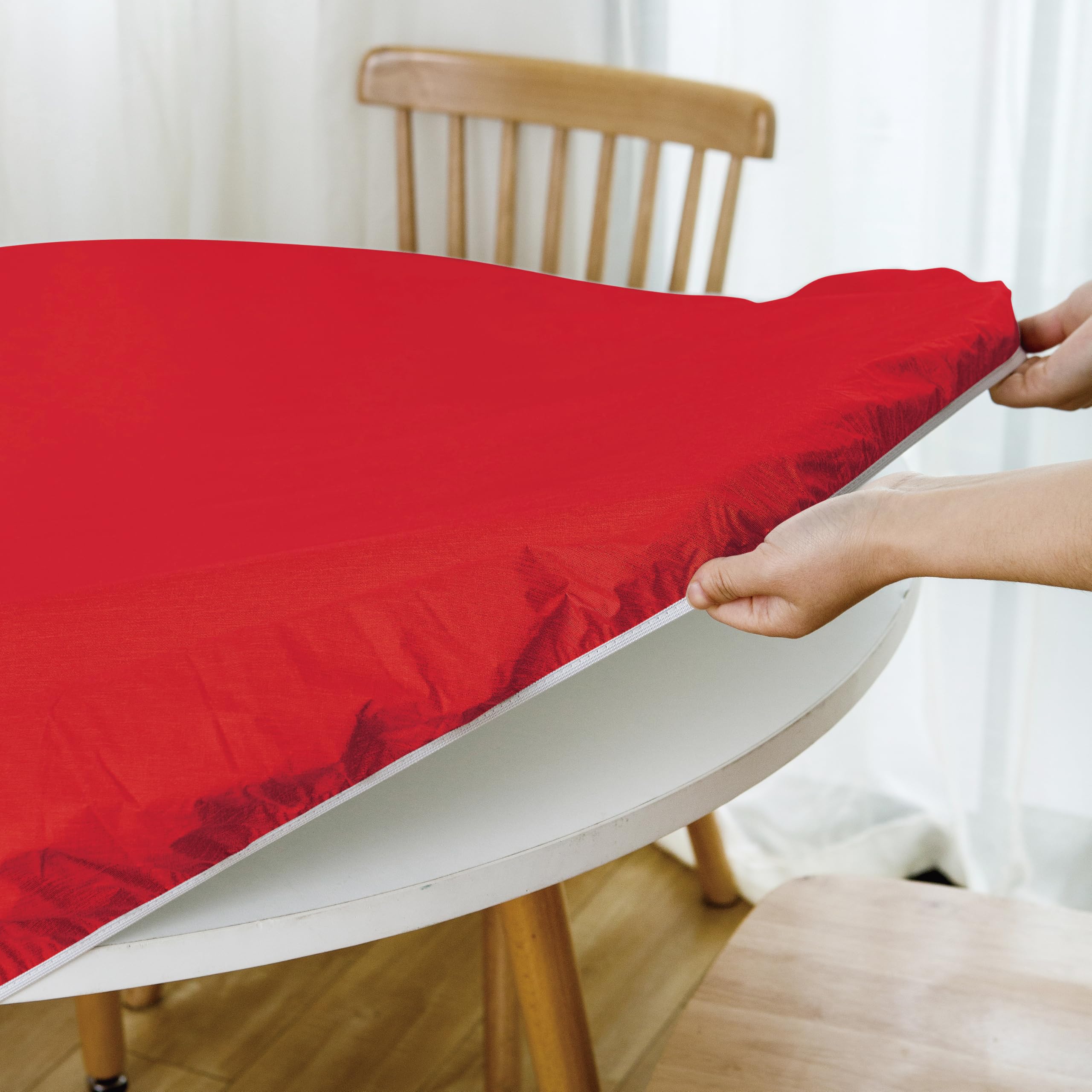 NLMUVW Red Round Fitted Vinyl Tablecloth with Elastic Edge 100% Waterproof Wipe Clean PVC Table Cloth Decorative Table Cover for Indoor and Outdoor, 45