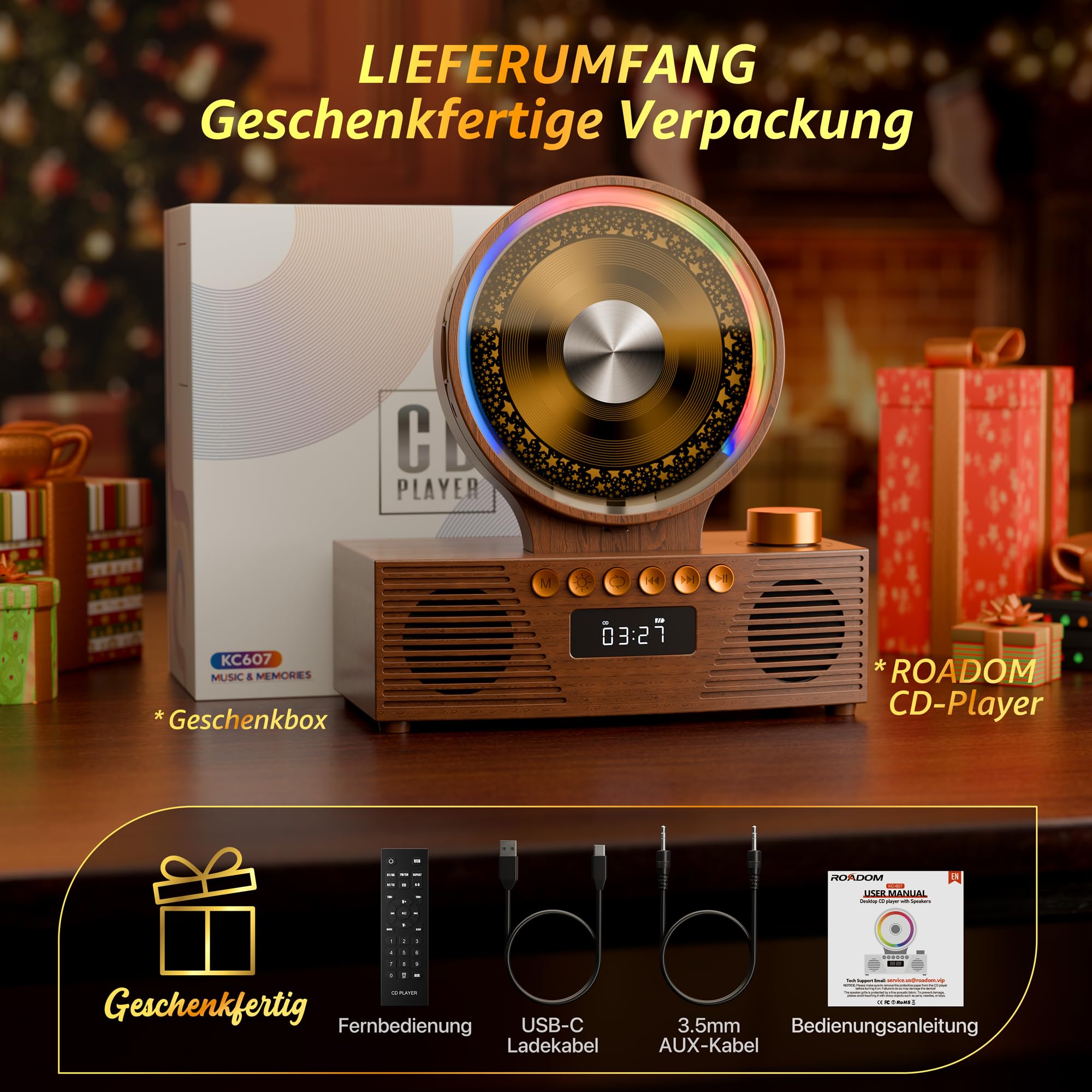 ROADOM CD Player Bluetooth 5.3 mit Dual Lautsprecher, 4000mAh Tragbar Wiederaufladbar, 6-in-1 Wiedergabe CD/USB/TF/FM/AUX, RGB Licht, Retro Desktop CD Spieler für Zuhause