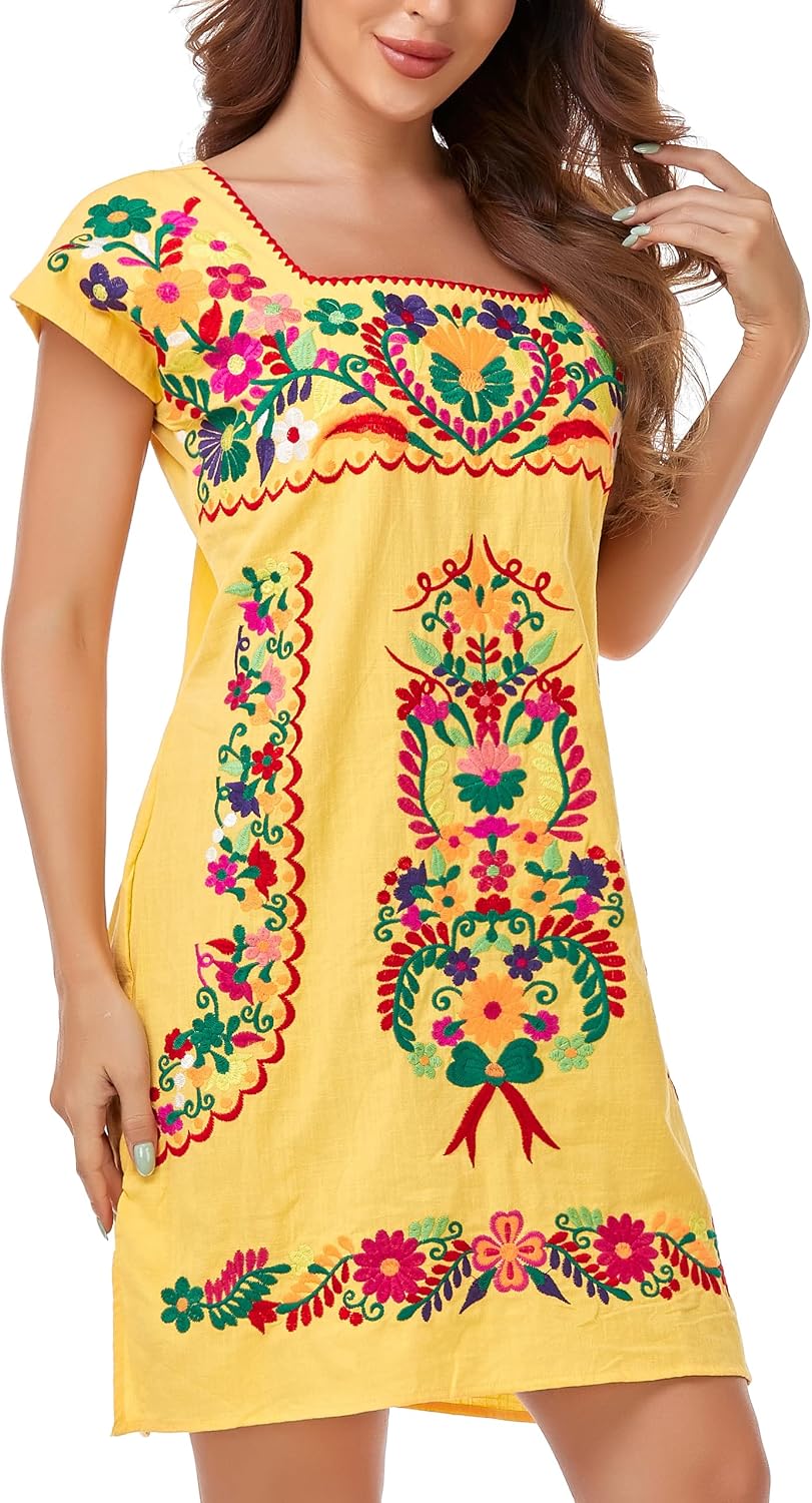 YZXDORWJ Women Mexican Embroidered Dress Ruffle Collar Sleeveless