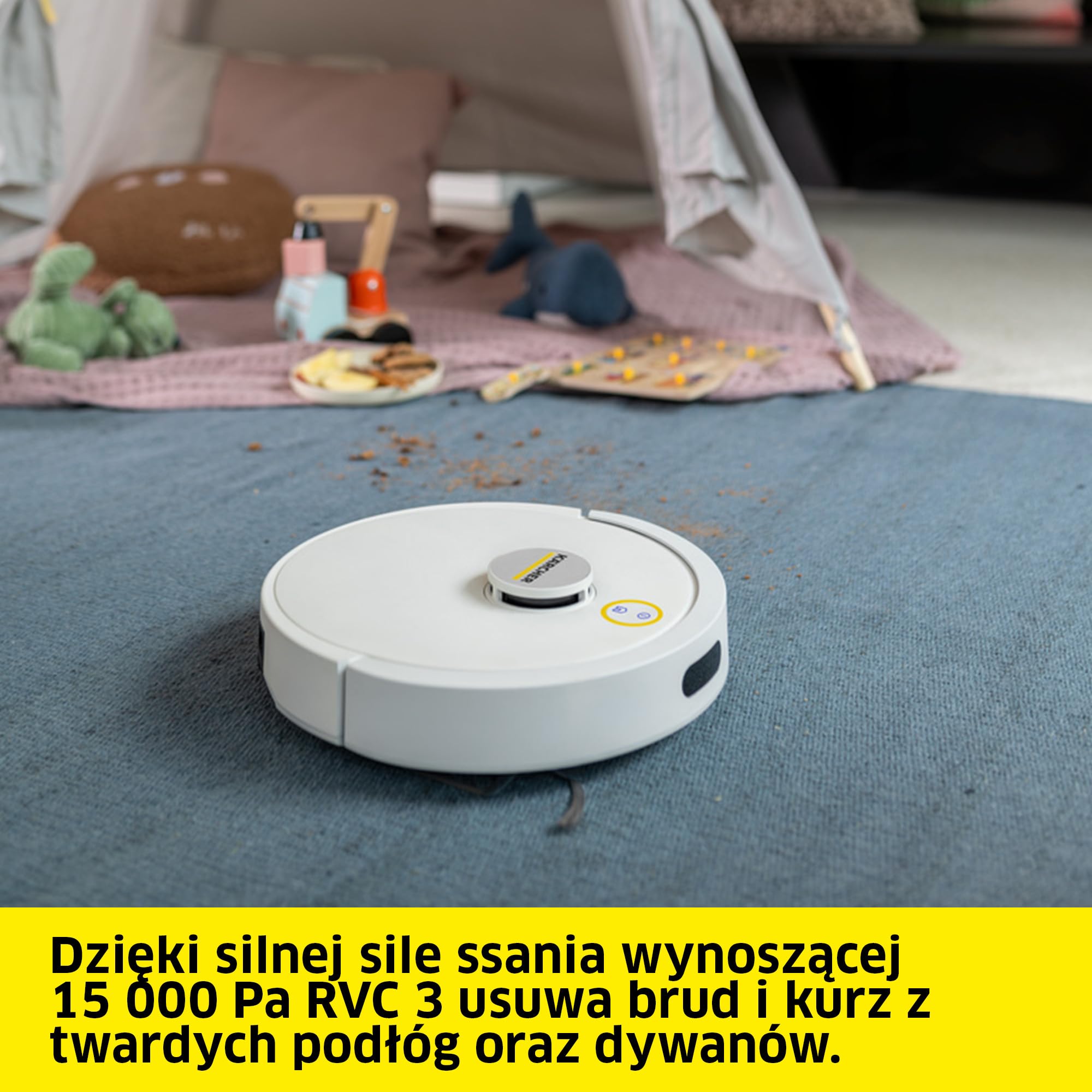 Kärcher robot sprzątający RVC 3, 15 000 Pa, do 130 min pracy, sterowanie przez aplikację, mapowanie, nawigacja laserowa, czujniki upadku, automatyczne ładowanie, do twardych podłóg i dywanów