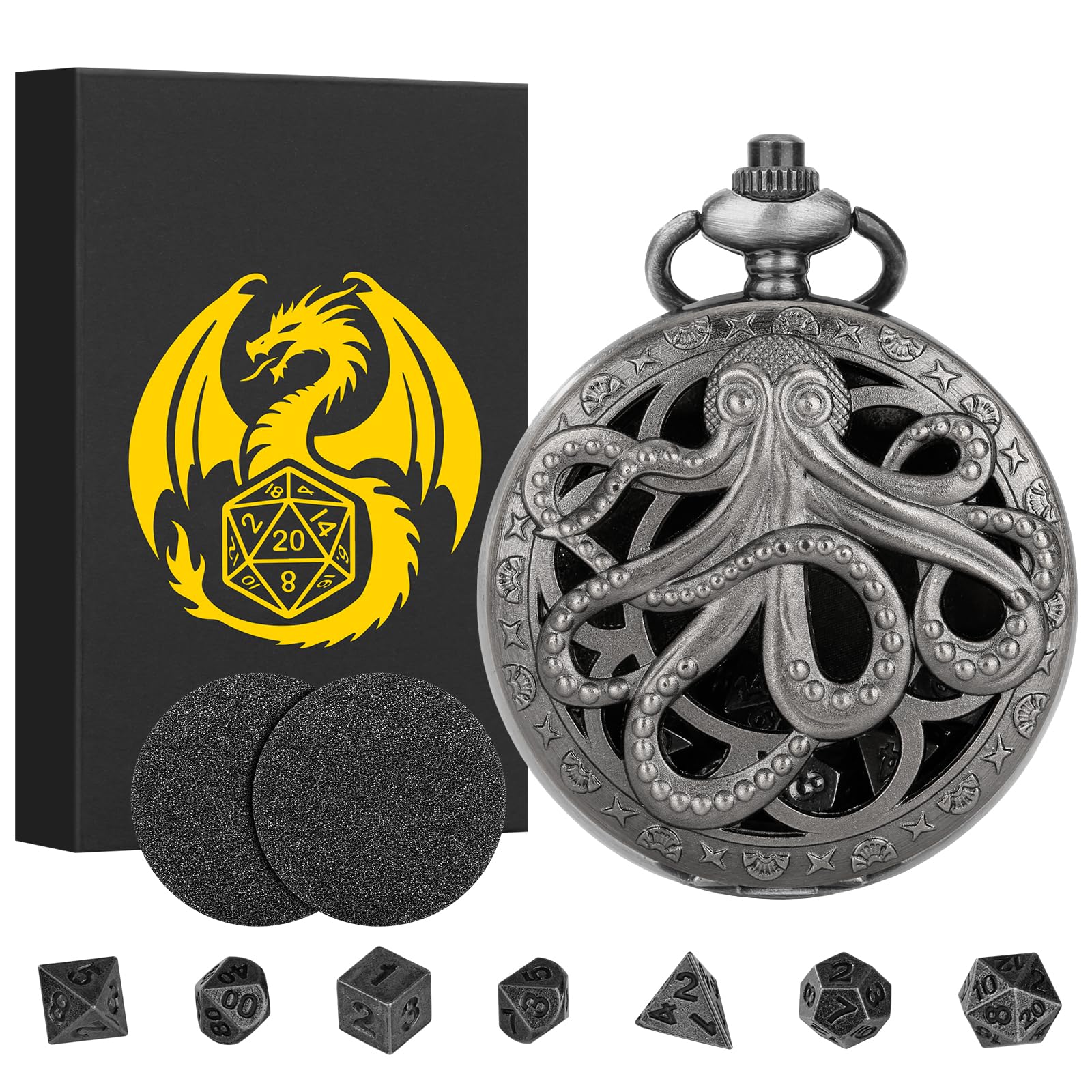 Mini juego de dados DND Steampunk Hollow Octopus Pocket Watch Shell Case, 7 piezas de metal poliédrico D&D juego de dados D&D, regalos de Dungeons and Dragons con caja de regalo, accesorios de juegos
