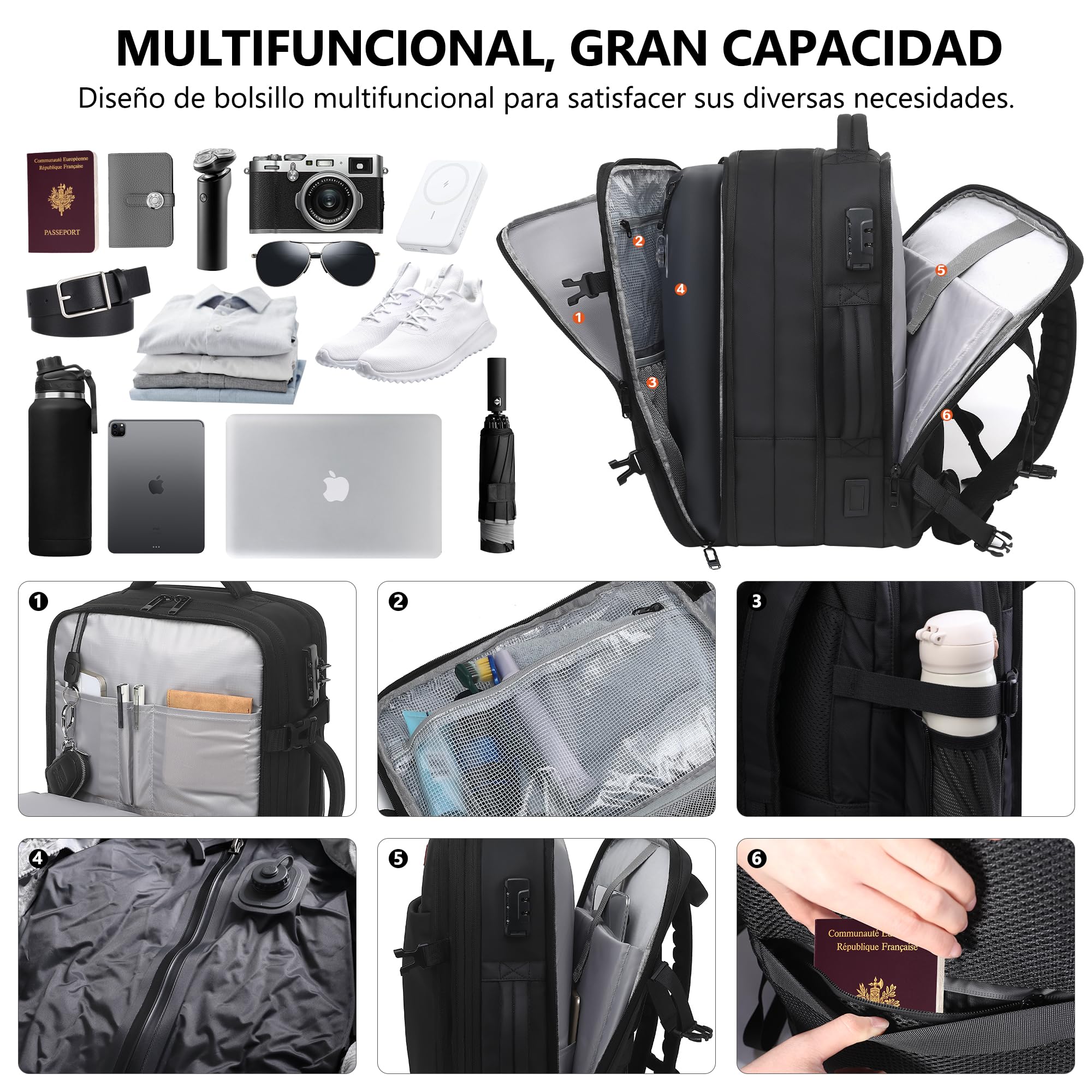 EASYSPEED Mochila de Viaje para Cabina de Avión 80L, Mochila al Vacío con Sistema de Compresión de Aire, Expandible, Resistente al Agua, Aprobada por TSA, para Embarque, Viajes, Senderismo y Acampada