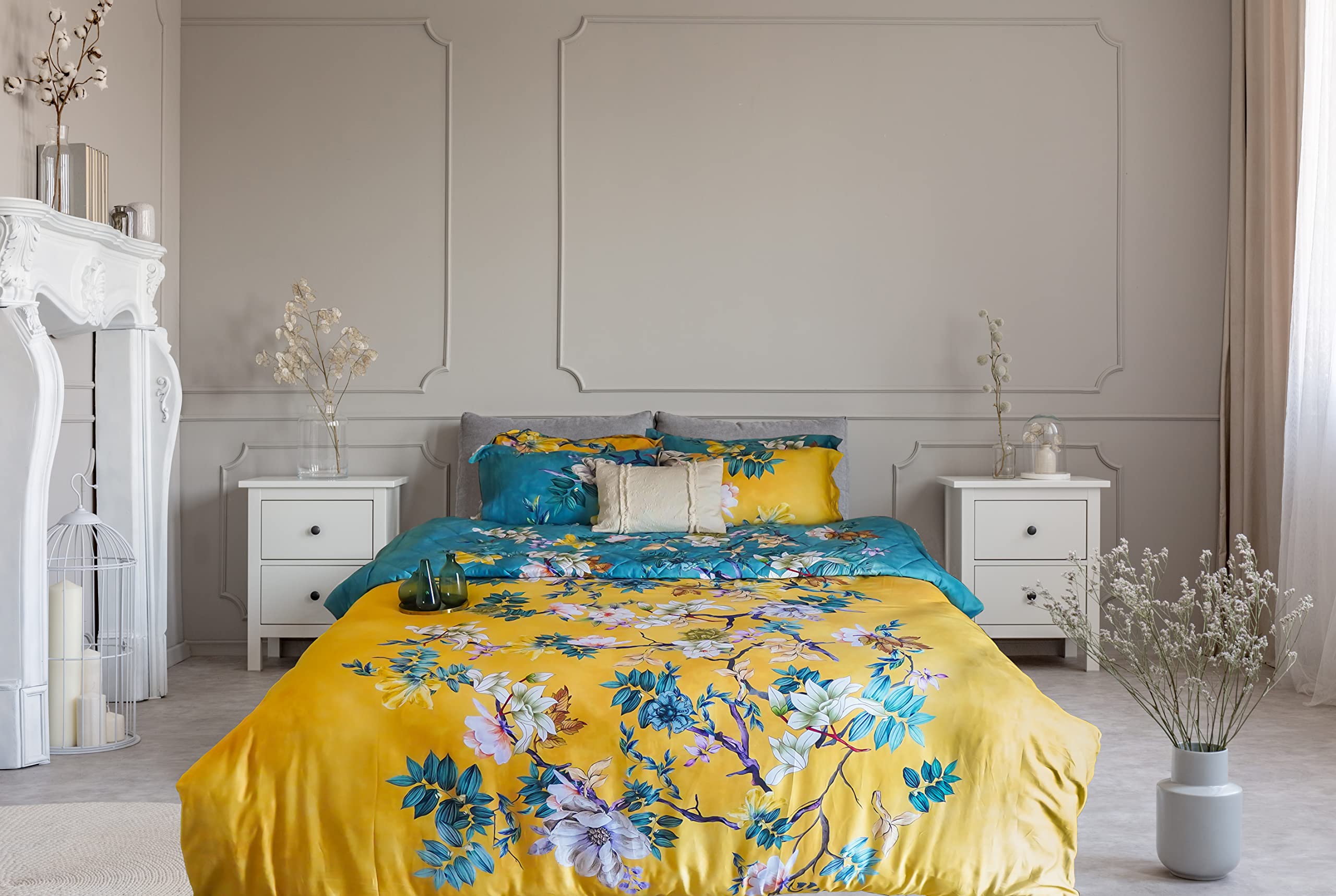 Parure de couette 220x240 satin de coton jaune bleu pour chambre parentale