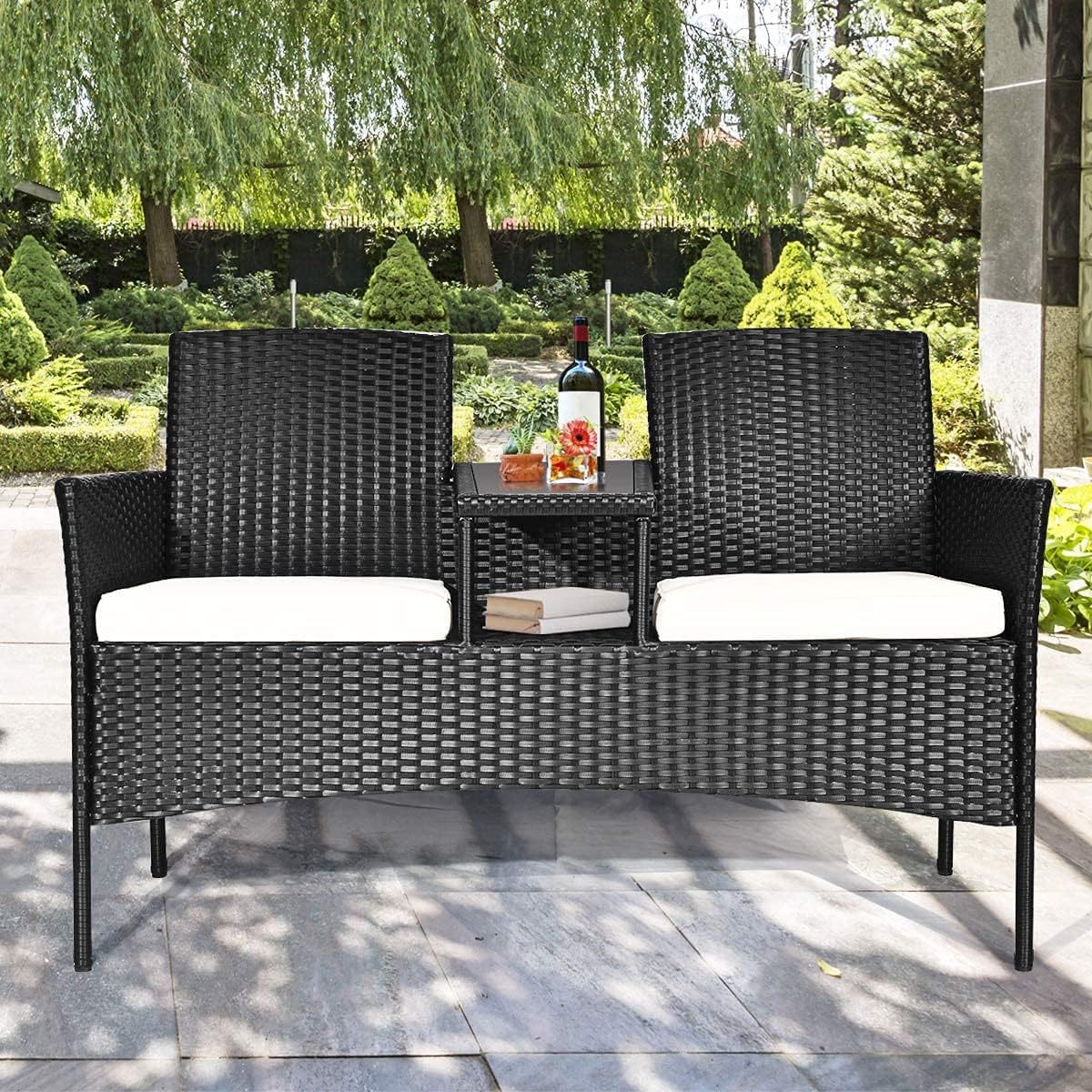 Outdoor Loveseat, 2 Seats Chair with Table, Cushions, Tempered Glass Tabletop, Wicker Patio Conversation Furniture Set, Modern Rattan Sofa for Garden Lawn Backyard (White)