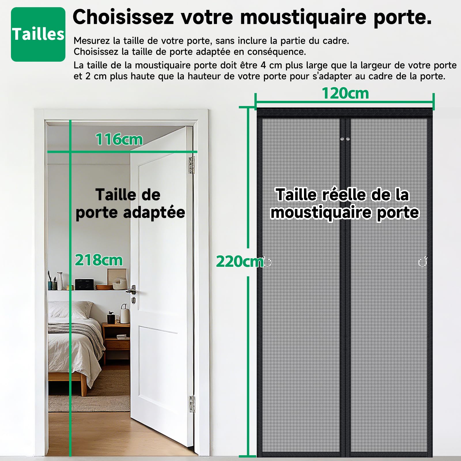 HOFUDON Moustiquaire Porte Magnétique 120x220cm Noir Fermeture Sans Espace | Fibre de verre, Barre magnétique pleine longueur ultra-puissante, Fermeture automatique, Convient pour porte d'entrée balcon