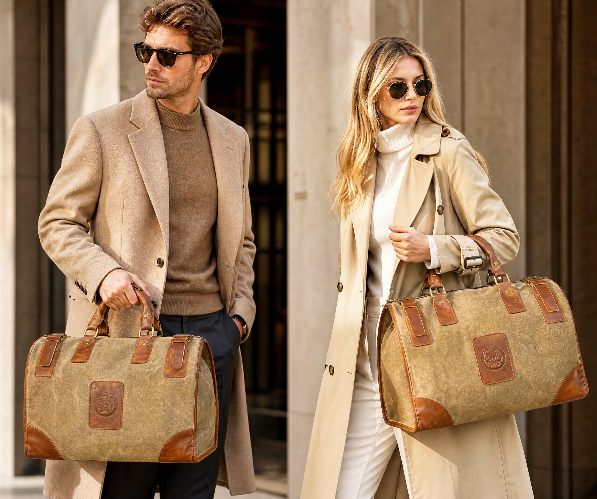 Wasserabweisend Canvas Crazy Horse Leder Reisetasche 35L Trim Unisex Handgepäck Weekender Tasche Sporttasche für Reise Wochenende Urlaub FB8151 (Hellbraun)