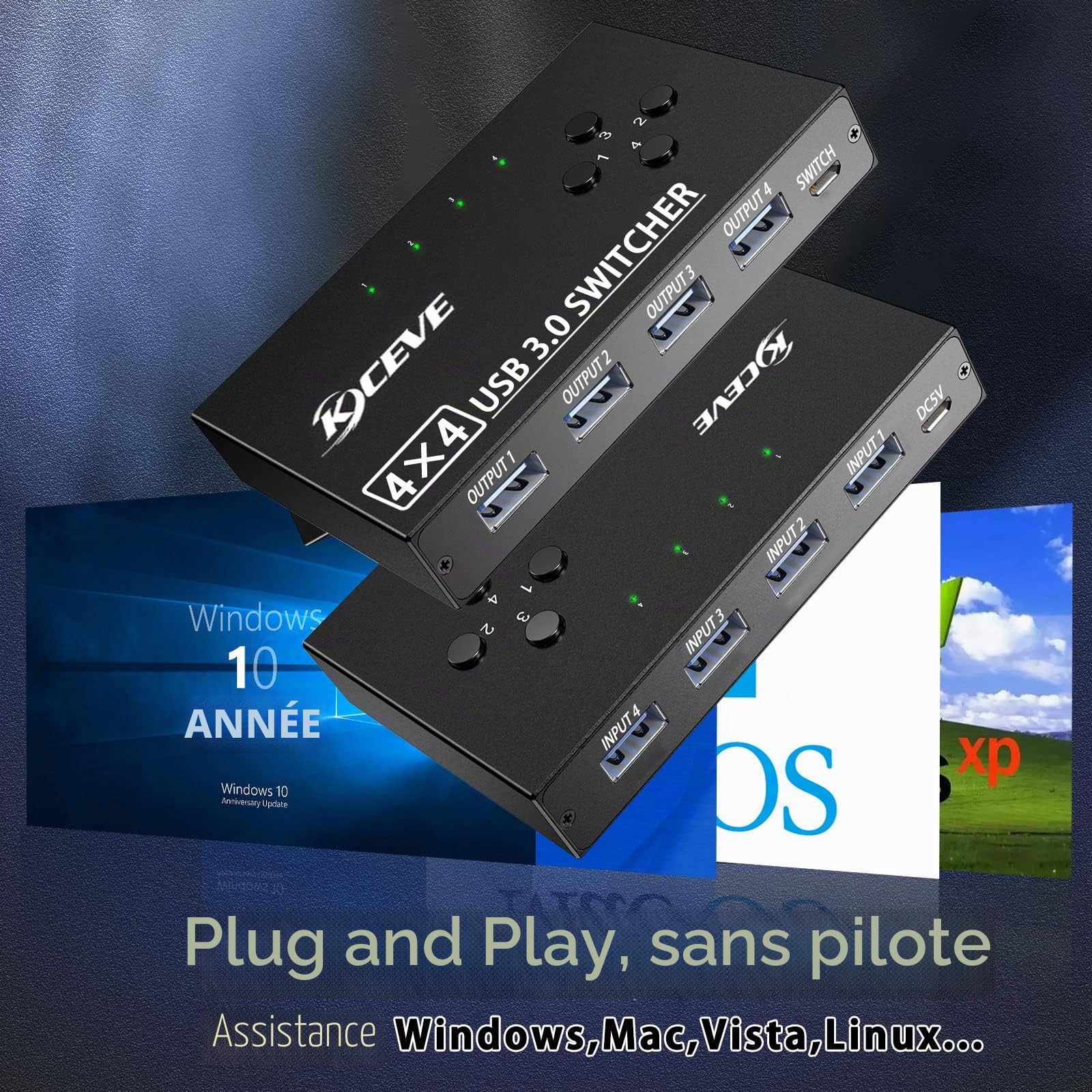 Switch USB 3.0, 4 Entrées 4 Sorties Commutateur USB KVM Switch 4 Ports pour 4 PCs pour Clavier Souris Clé USB Disque Imprimante, Télécommande Filaire et 4 Câbles USB 3.0 Inclus