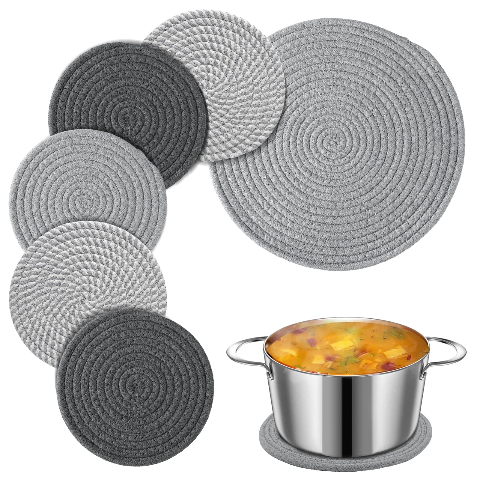 6 pcs Handmade Trivets for Hot Pots Dishes, 11.8in & 7in Natural Cotton Hot Plate Mats, BOHO Woven Heat-resistant Pot Holders Pads Set for Kitchen Countertop Home Table Essentials