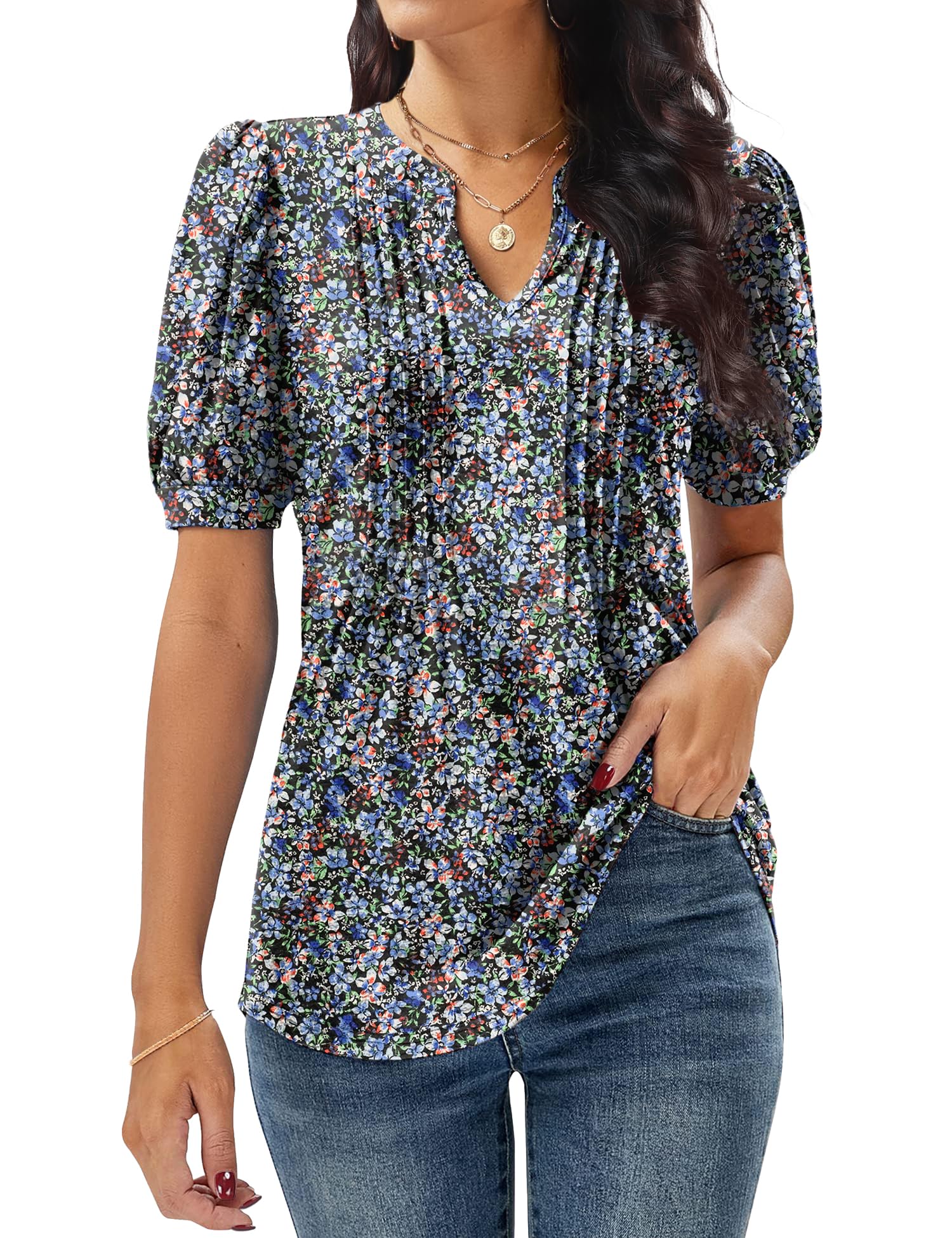 GRECERELLEWomens V Neck Tops Puff Short Sleeve T-Shirt Pleated Floral Printed Tunic Blouse Shirts