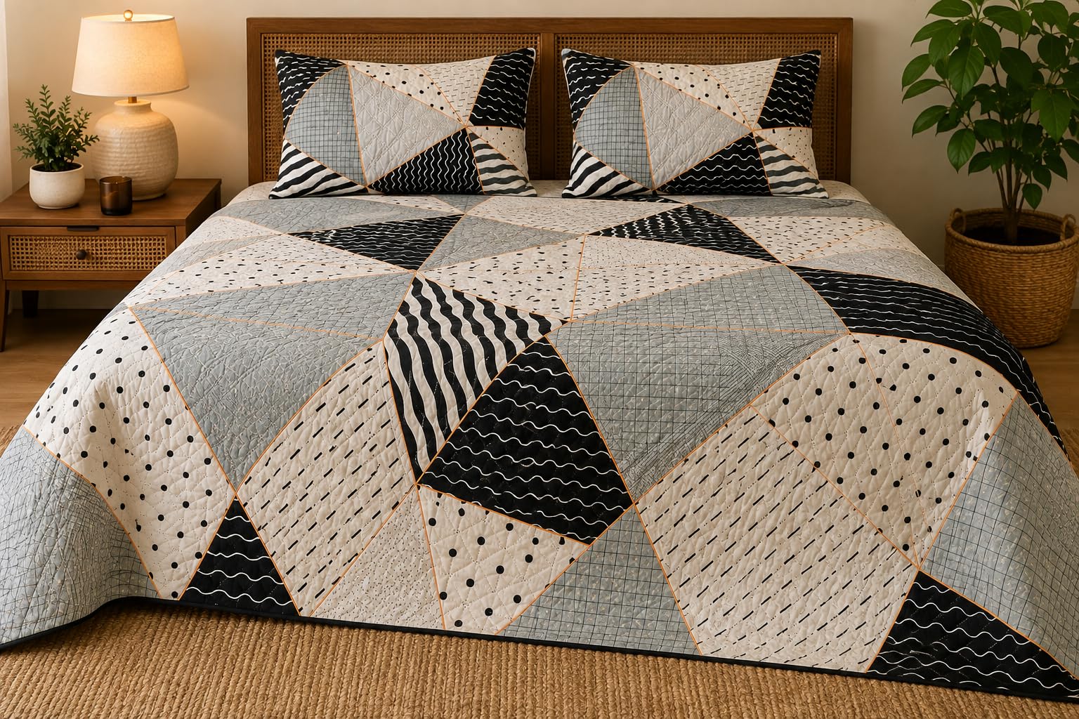 Premium Quilted Bedspread Set for Double Bed, 90 × 108 Inches, 3-Piece Bedding Set with 2 Matching Pillow Covers, Modern Geometric Patchwork Bedcover, Grey, Black & Ivory-image-11