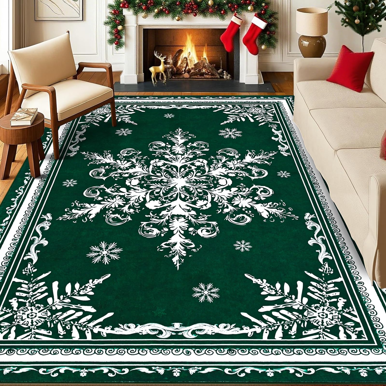 ASPMIZ Christmas Area Rug 8x10, Snowflake Rugs for Living Room, Washable Bedroom Rug Non Slip, Soft Faux Wool Carpet Low-Profile Large Rugs for Dining Room, Home Holiday Christmas Decorations, Green