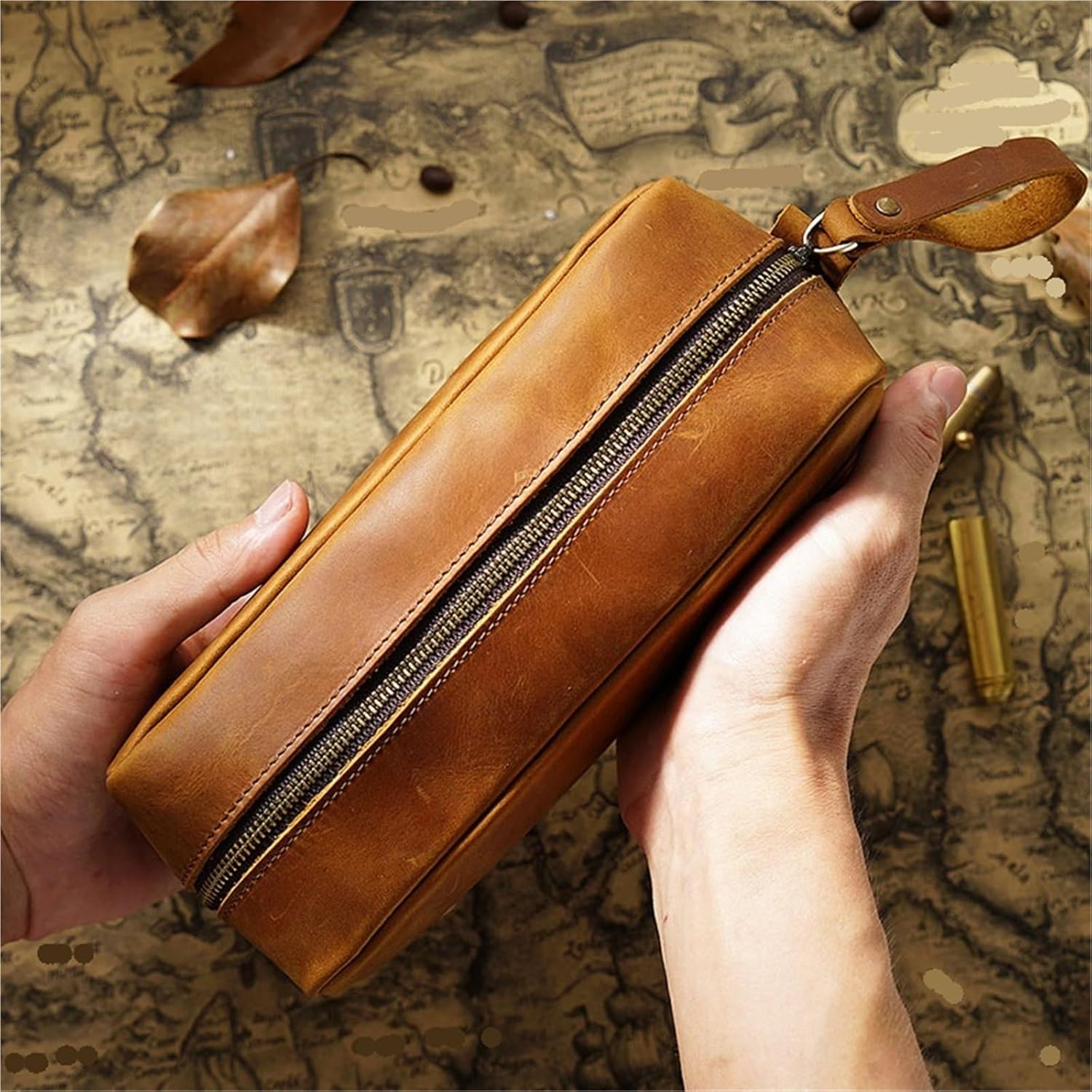 化粧ポーチ 重ね付け 牛革 スクエア レトロ クレイジーホースレザー