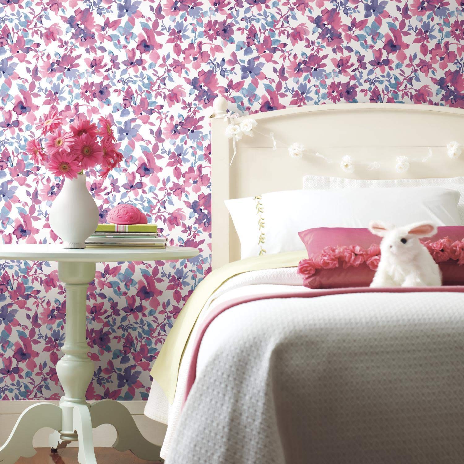 RoomMates Bright Watercolor Floral Peel and Stick Wallpaper, Pink, Blue, 41.9 x 52.1 cm - Image 4