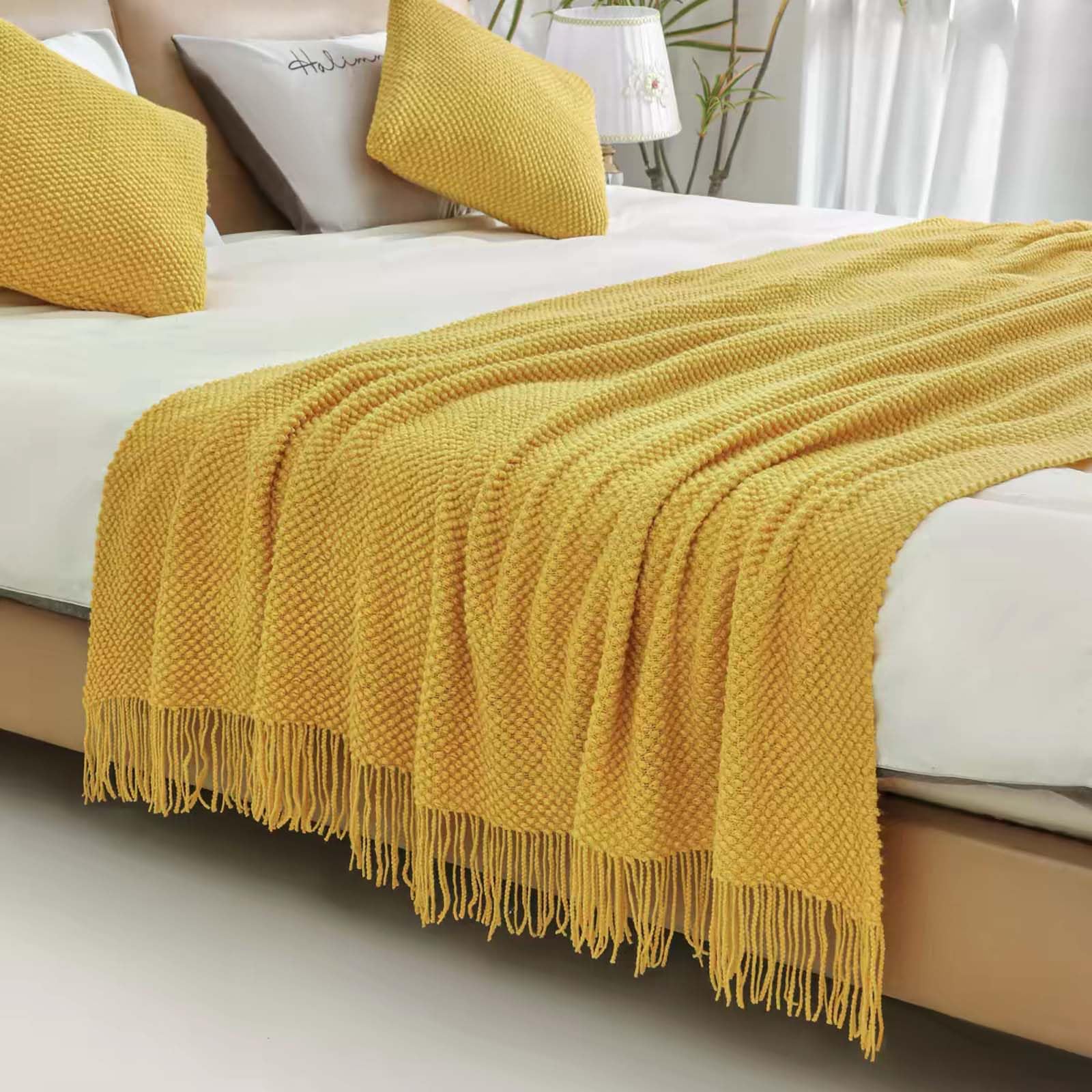 Jnkiquii Bed Runner Scarf Set Acrylic Corn Kernel Knit Tassel Foot Throw With 40 * 40cm Cushion Covers and Inserts Solid Decor for Twin Queen King Bedroom Hotel Homestay